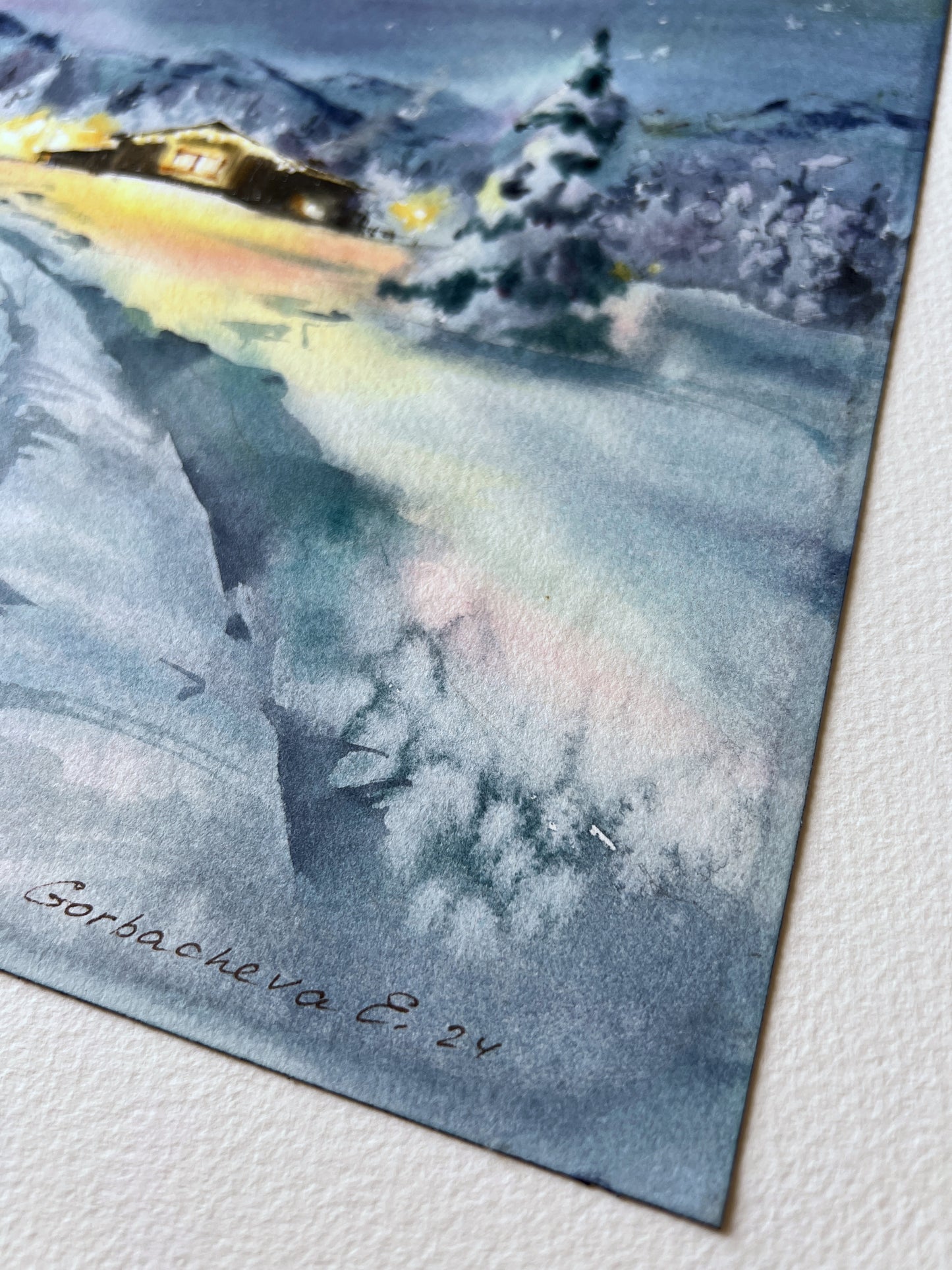 Christmas story #4 - Watercolor Painting, Snowy Nordic Landscape, Stunning Aurora Wall Art, Holiday Gift Idea