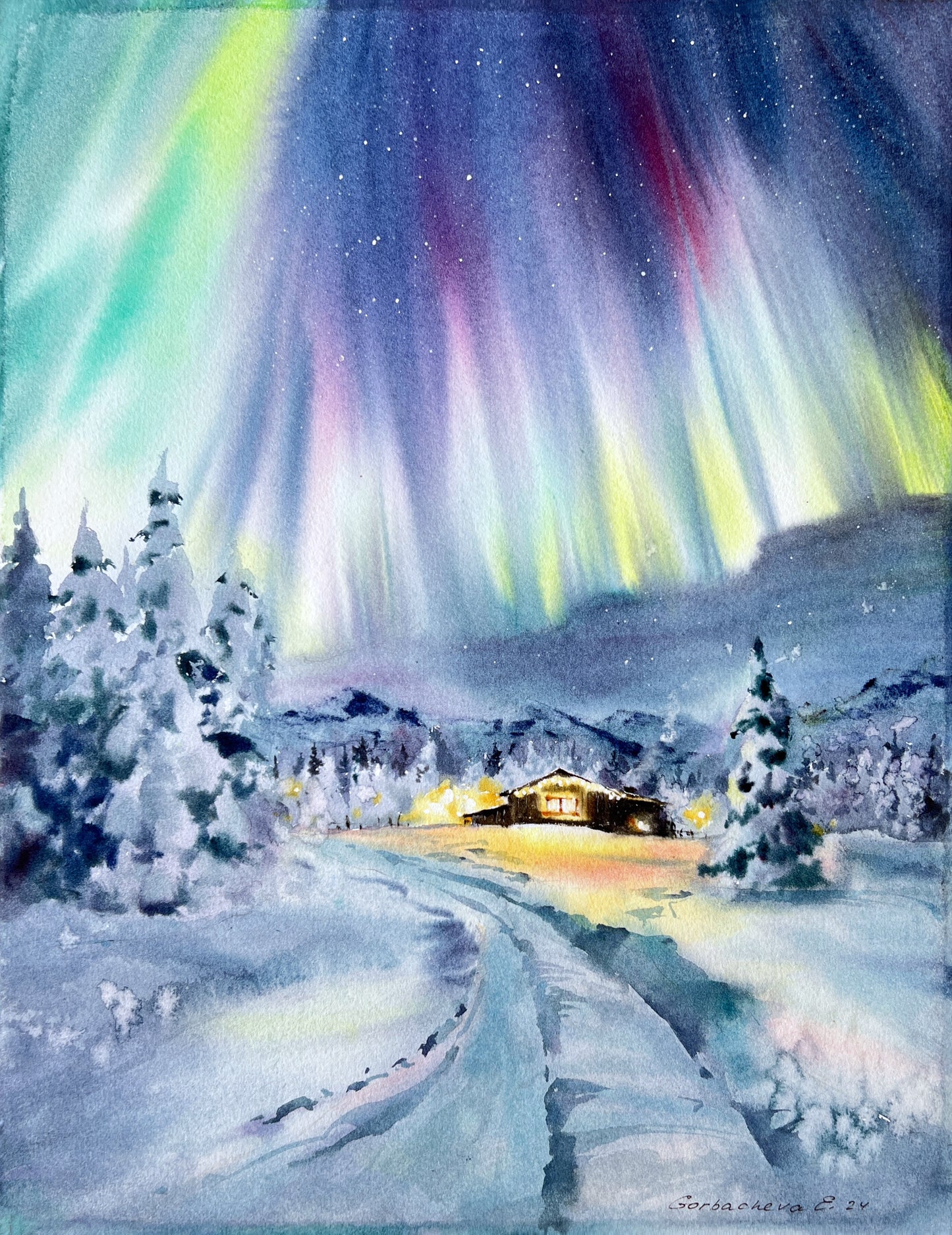 Christmas story #4 - Watercolor Painting, Snowy Nordic Landscape, Stunning Aurora Wall Art, Holiday Gift Idea