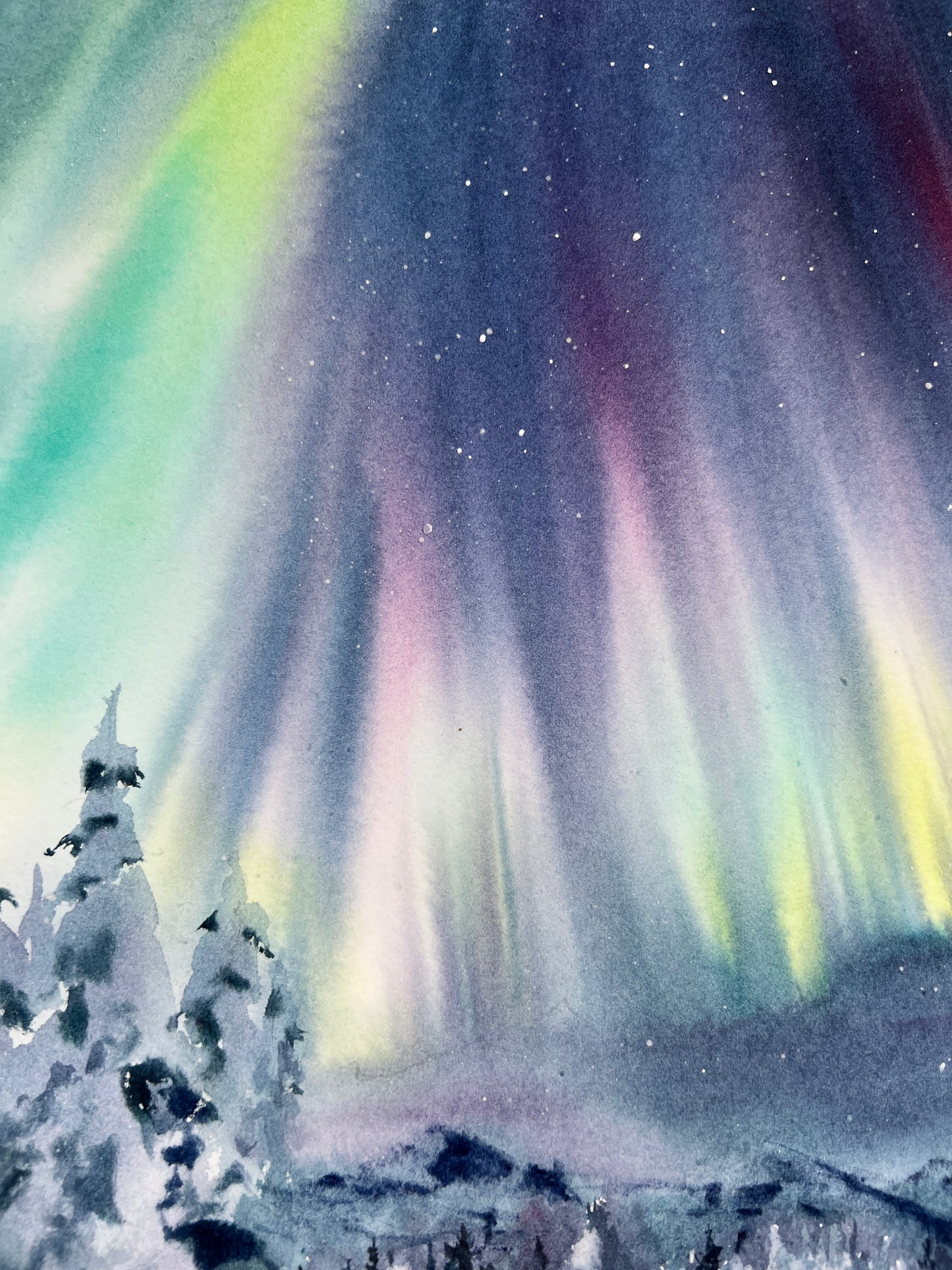 Christmas story #4 - Watercolor Painting, Snowy Nordic Landscape, Stunning Aurora Wall Art, Holiday Gift Idea