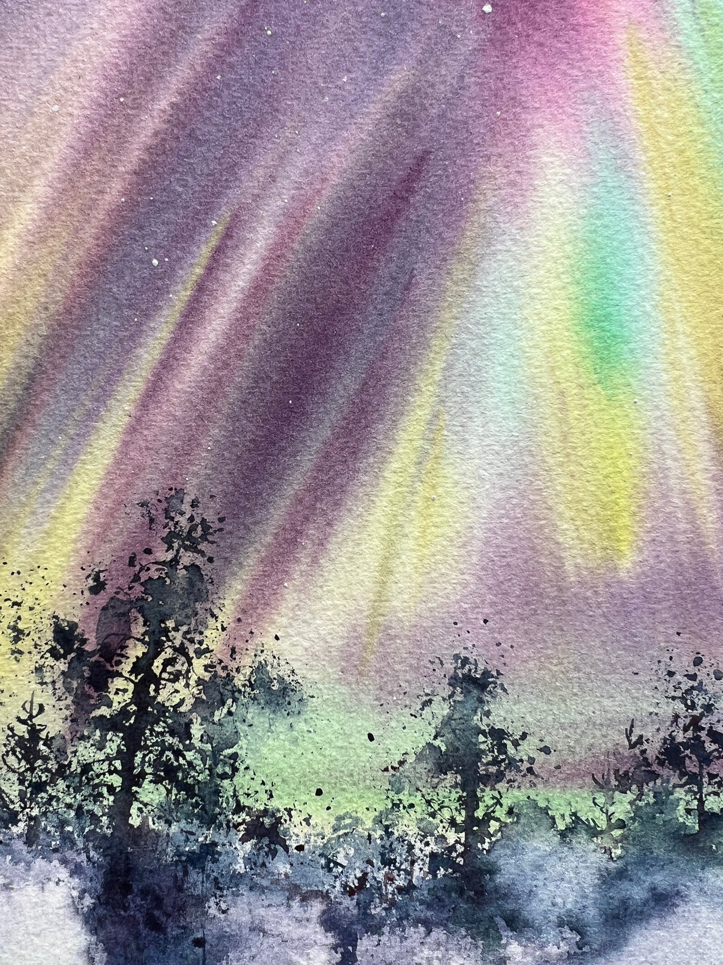 Aurora Borealis Painting Original Watercolor, Northern lights Wall Art, Winter Nordic Landscape, Small Artwork