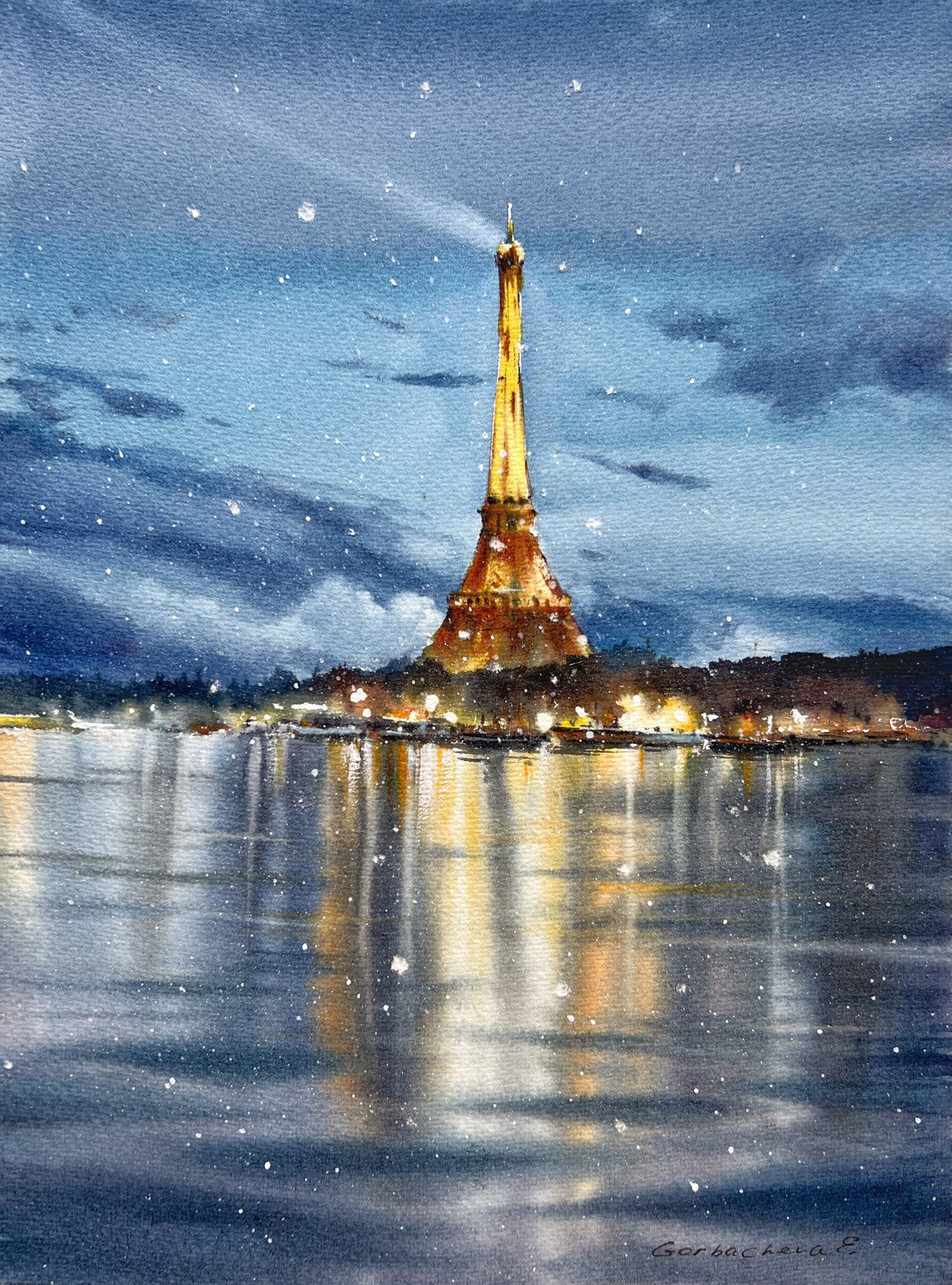 Winter Wonderland: Watercolor Eiffel Tower Painting - Paris Night Scene