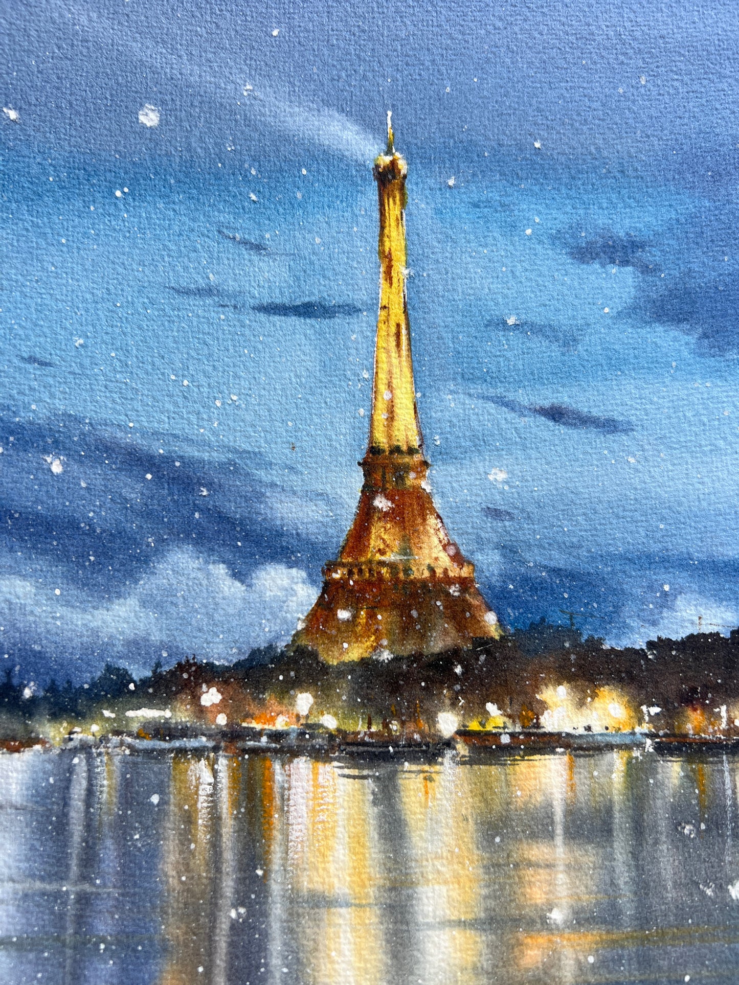 Winter Wonderland: Watercolor Eiffel Tower Painting - Paris Night Scene