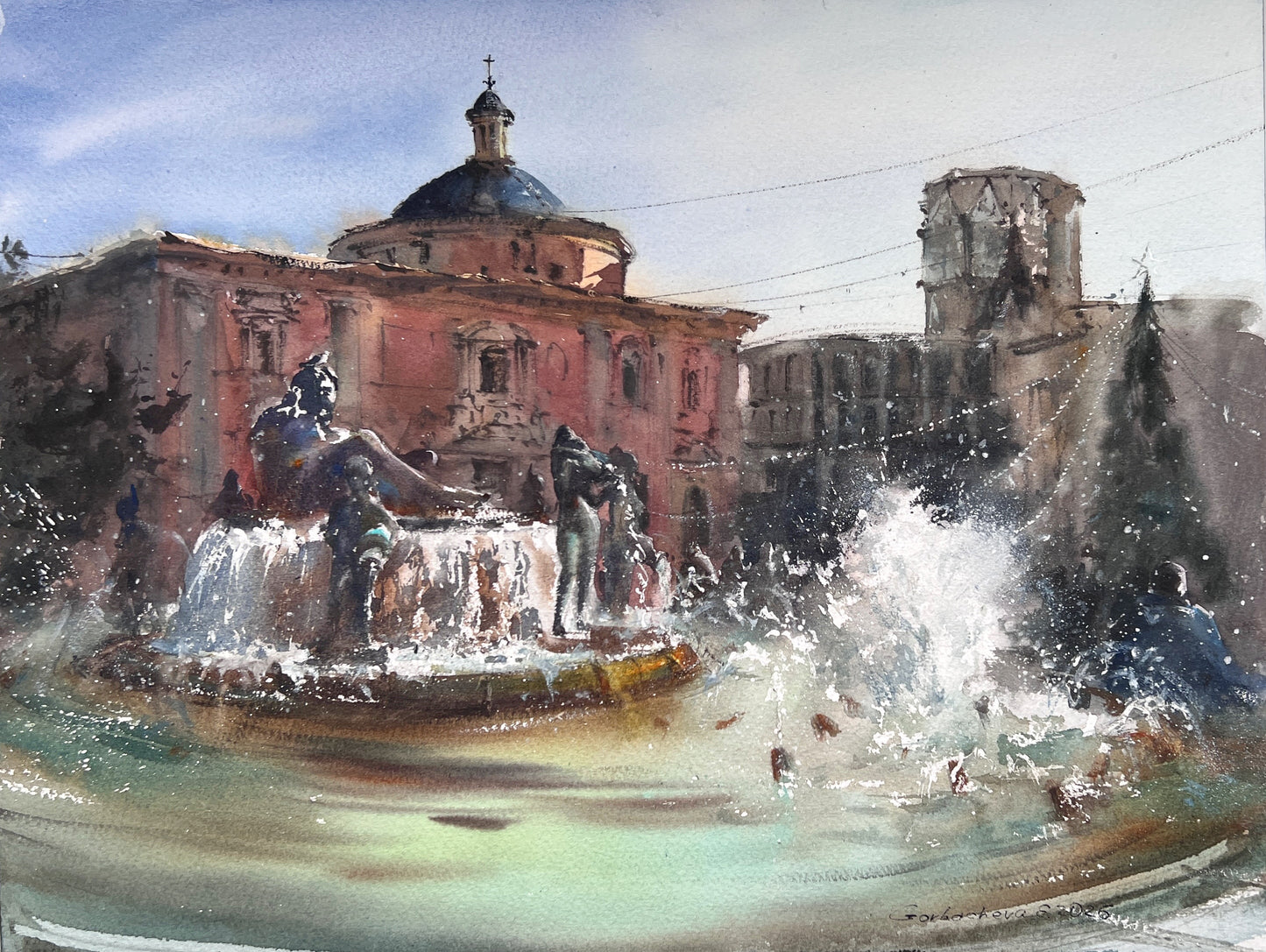 Valencia Fountain Watercolor Painting, Valencia Fountain Song 12x16 in