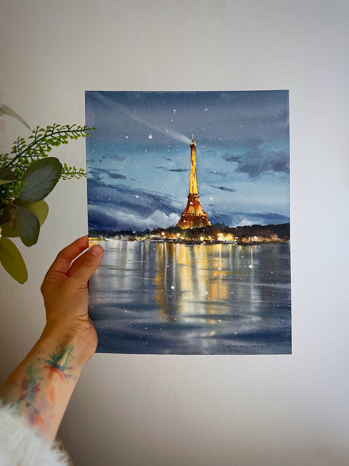 Winter Wonderland: Watercolor Eiffel Tower Painting - Paris Night Scene