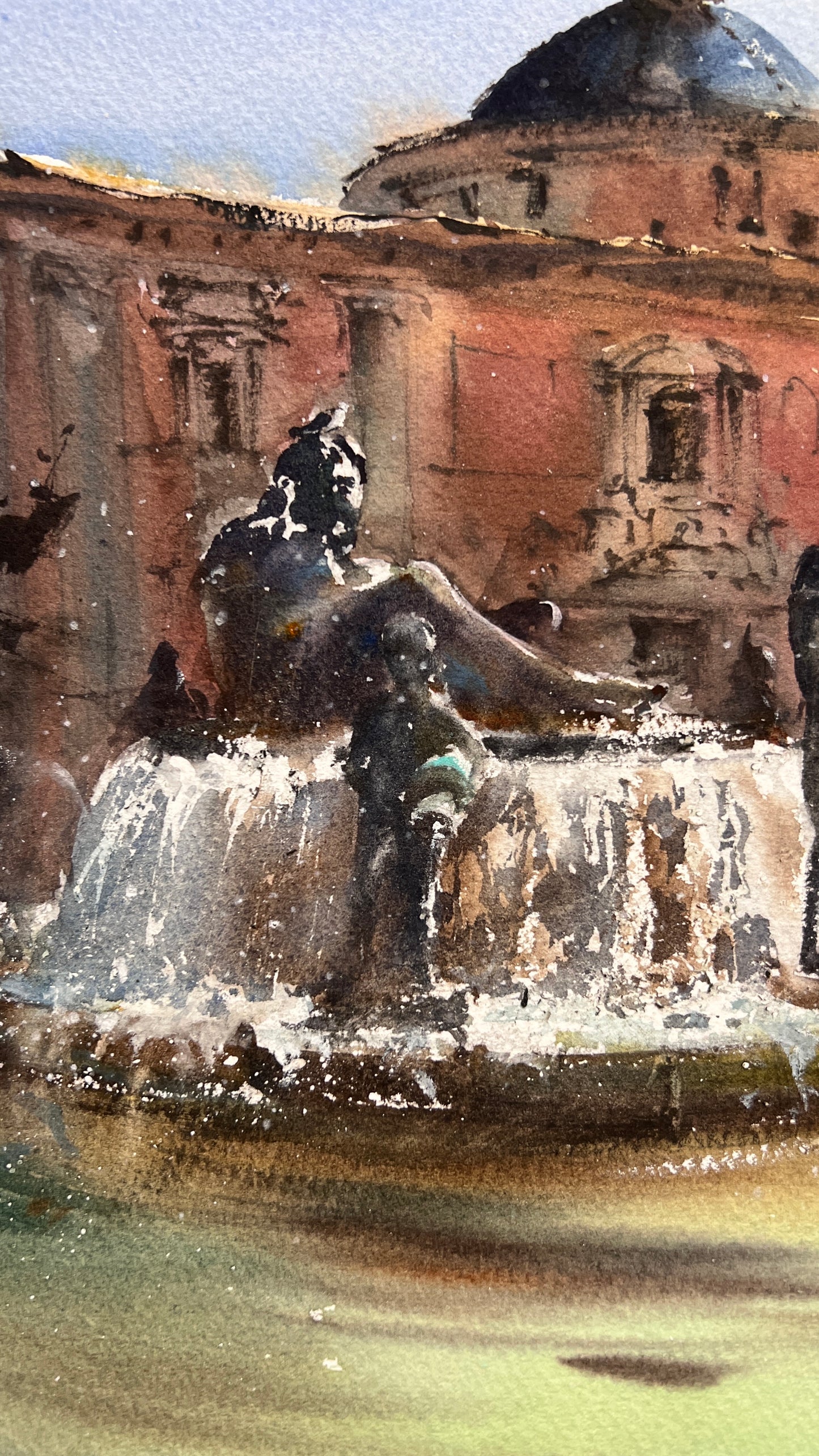 Valencia Fountain Watercolor Painting, Valencia Fountain Song 12x16 in