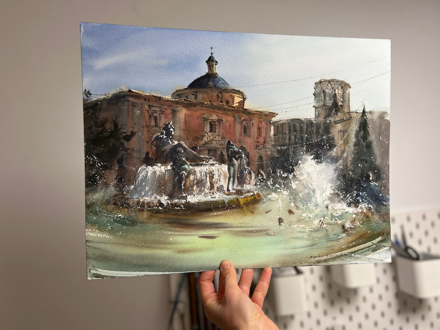 Valencia Fountain Watercolor Painting, Valencia Fountain Song 12x16 in