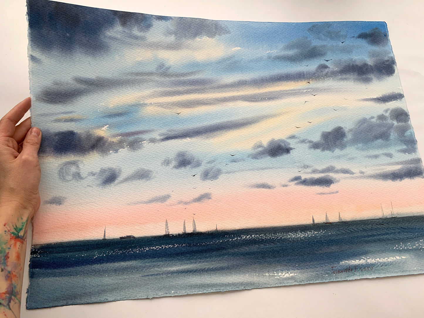 Watercolor Painting Original - Sea before sunset - 16 x 22 in