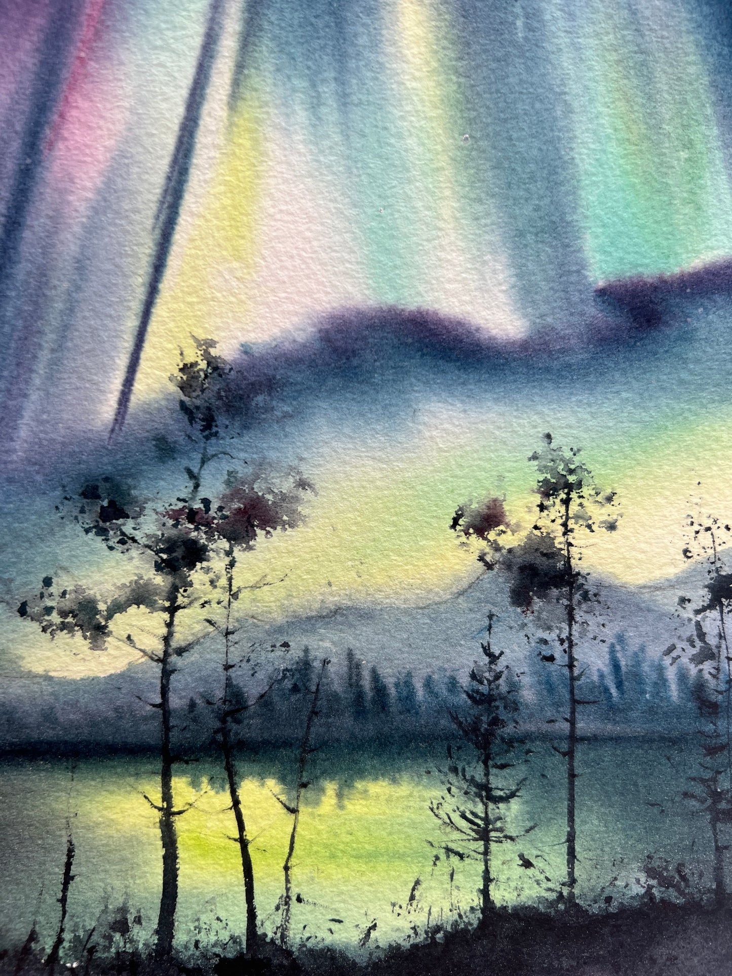 Small Painting Northern lights, Original Watercolor, Night Starry Sky Art, Winter Landscape, Aurora Borealis, Christmas