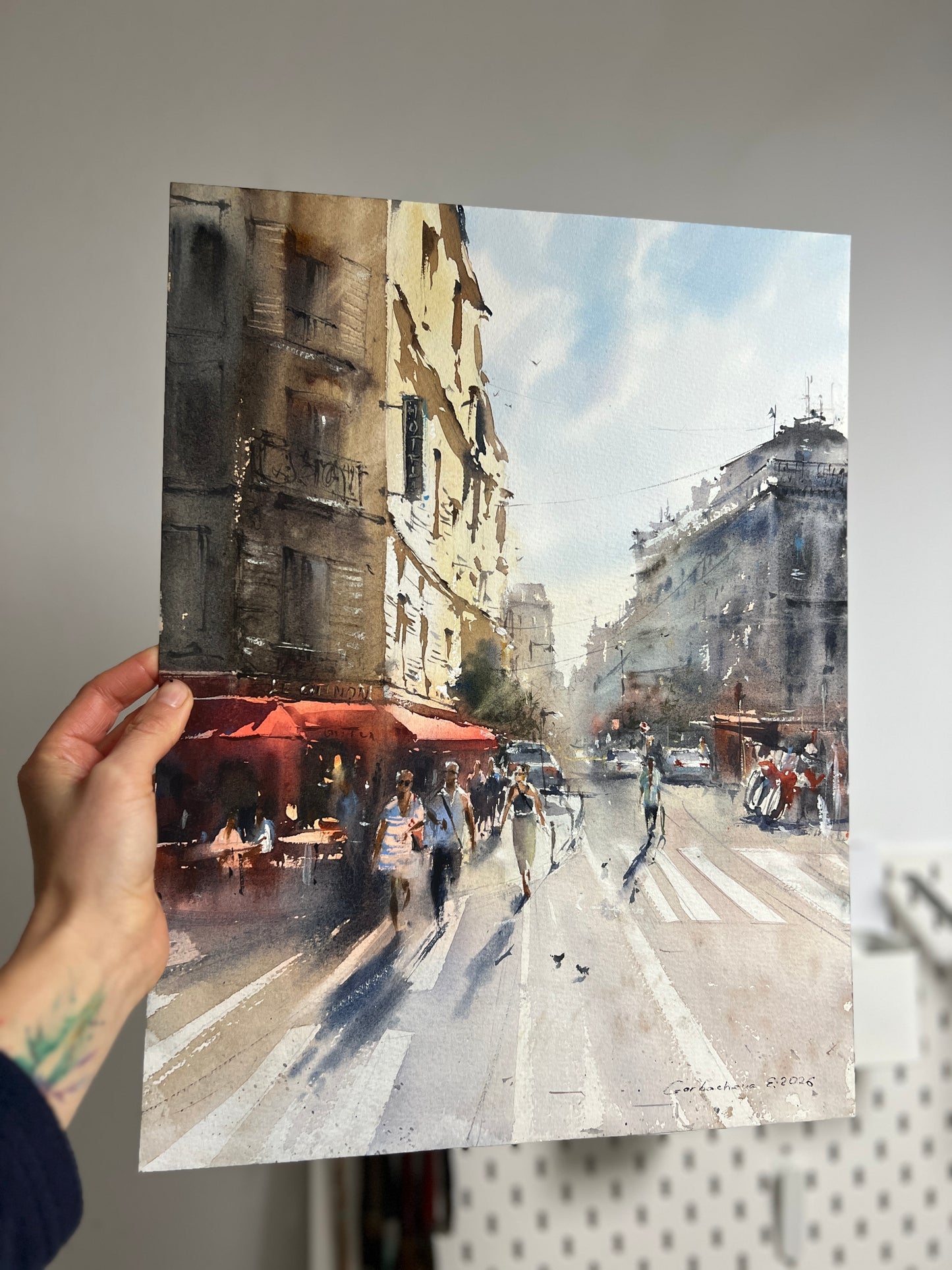 Paris Street Scene Watercolor Painting, The Golden Boulevard of Paris 12x16