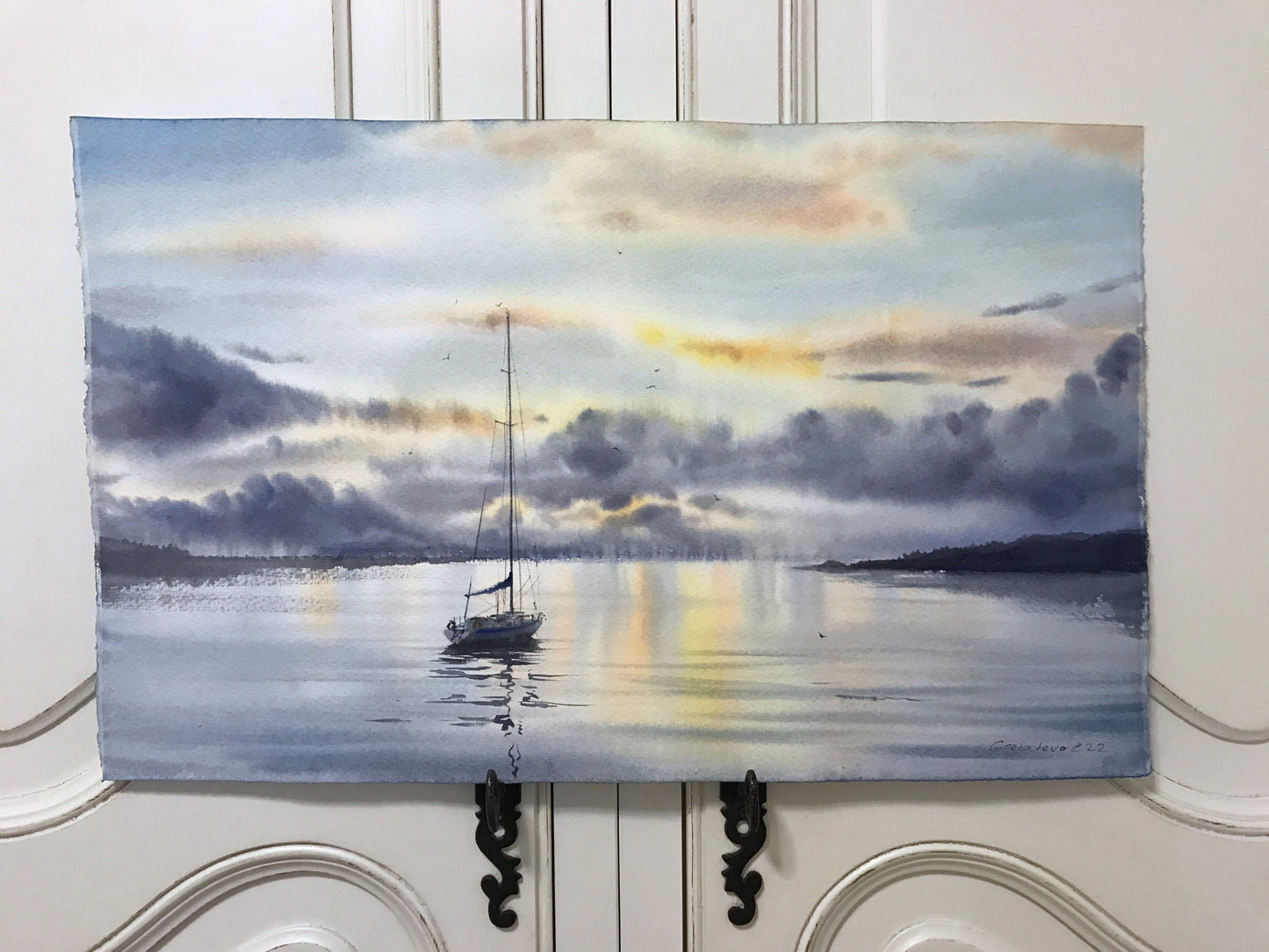 Seascape Painting Watercolor Original - Yachts at sunset #8 - 13x22 in