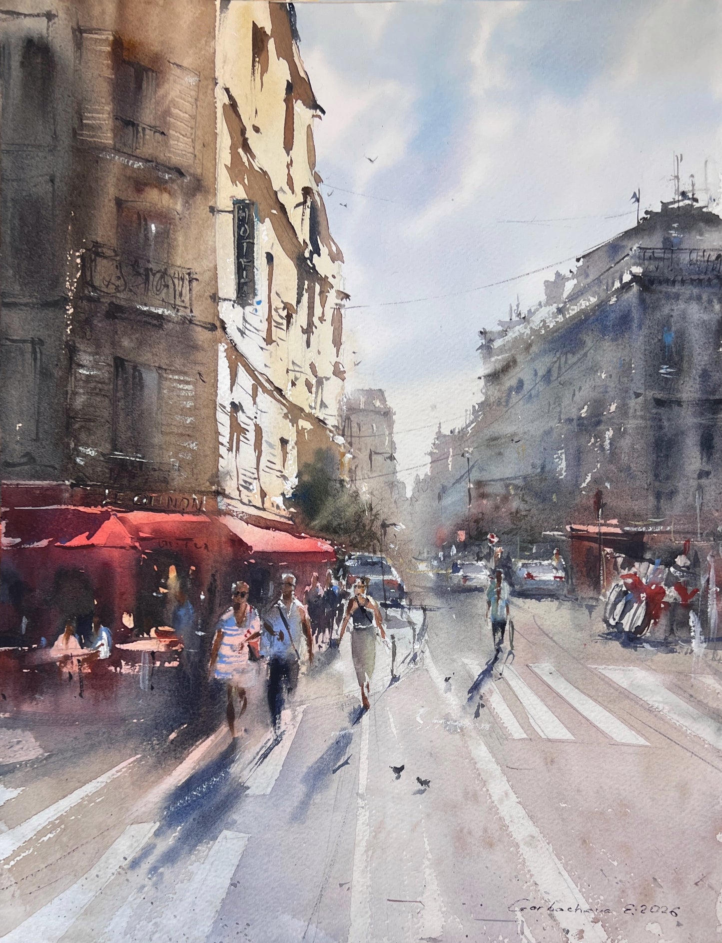 Paris Street Scene Watercolor Painting, The Golden Boulevard of Paris 12x16