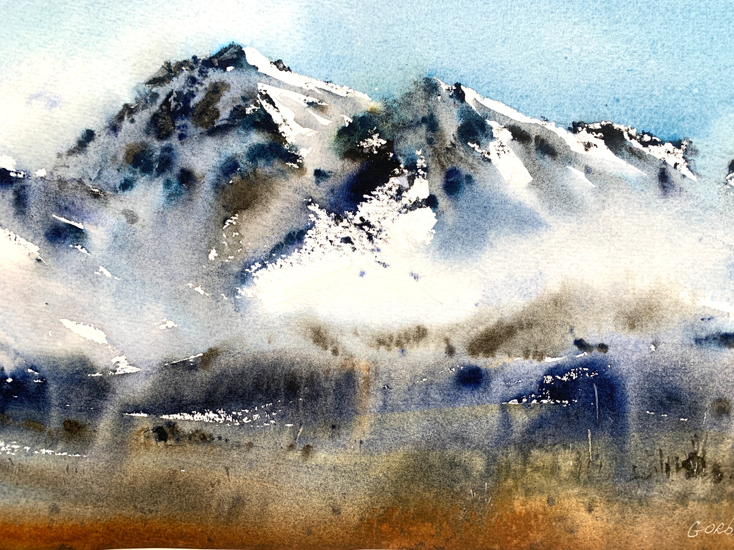 Snowy Mountains Painting Watercolor Original - Mountainscape #2 - 10 x 22 in