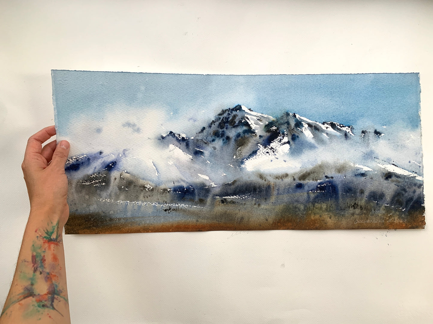 Snowy Mountains Painting Watercolor Original - Mountainscape #2 - 10 x 22 in