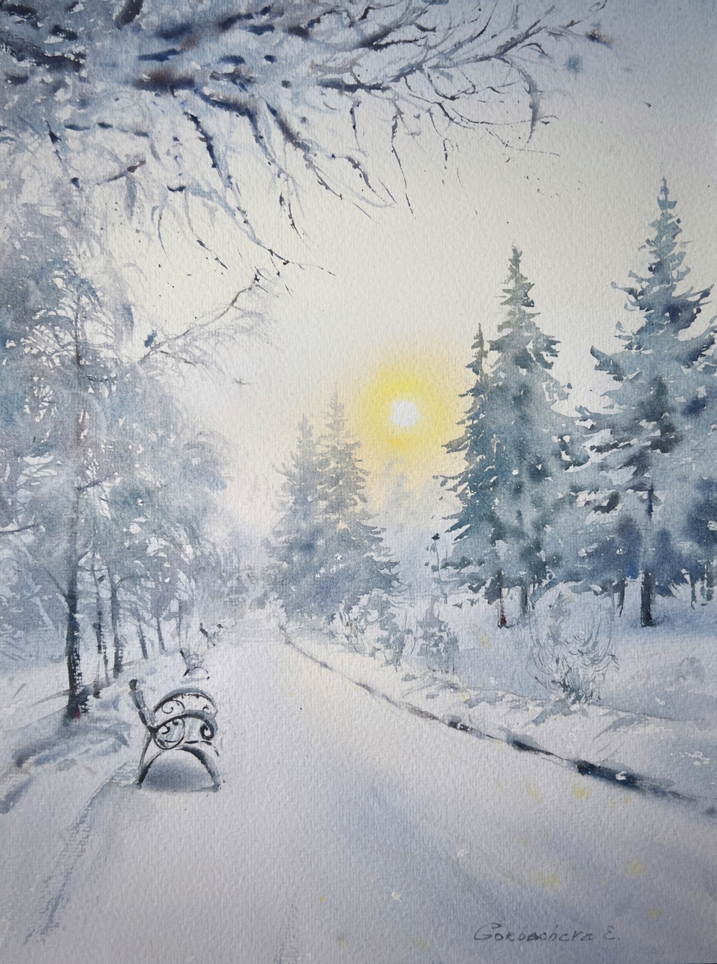 Painting Winter Dream: Cozy Bench Under the Snowy Sunlit Sky