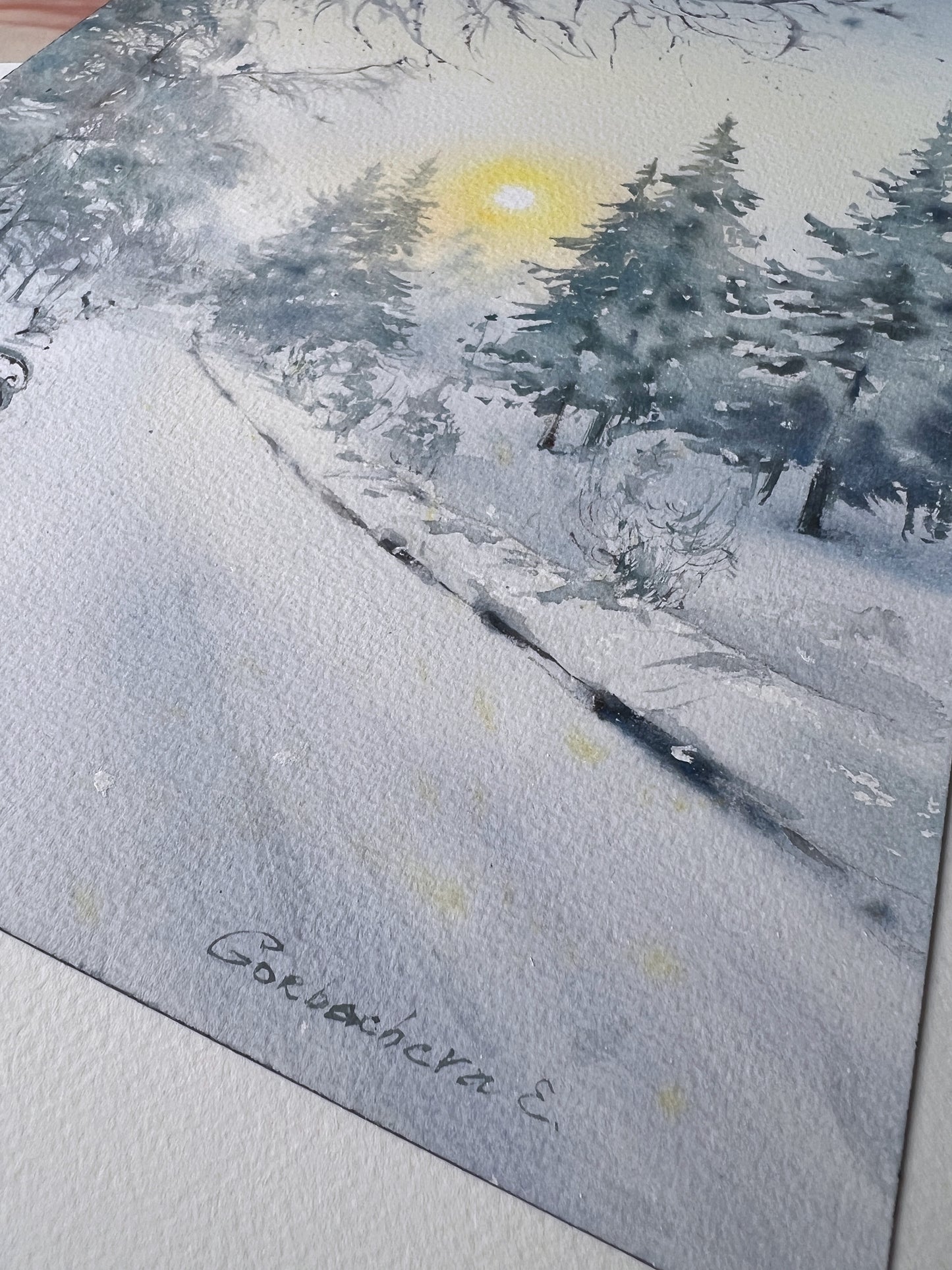 Painting Winter Dream: Cozy Bench Under the Snowy Sunlit Sky