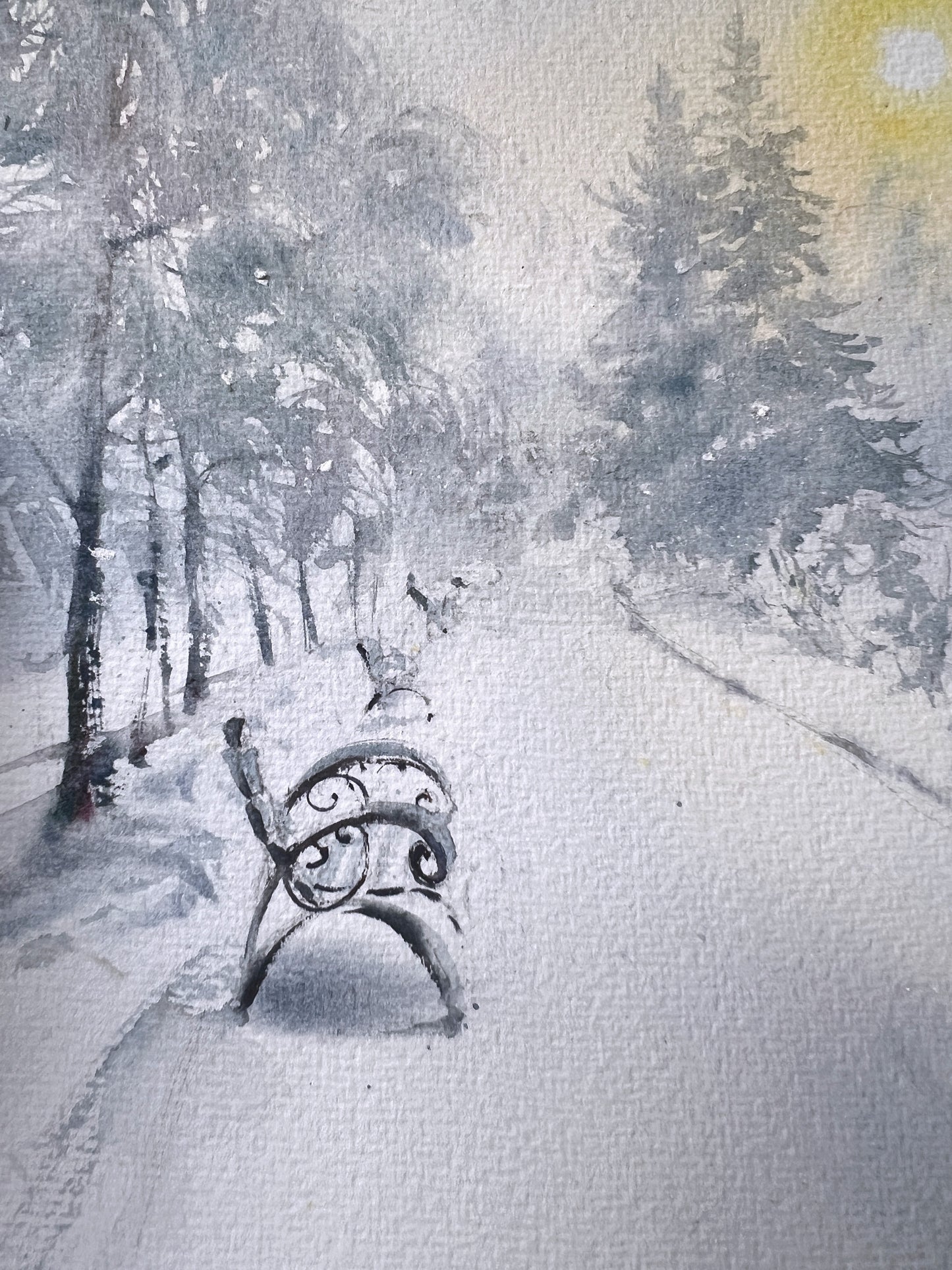 Painting Winter Dream: Cozy Bench Under the Snowy Sunlit Sky