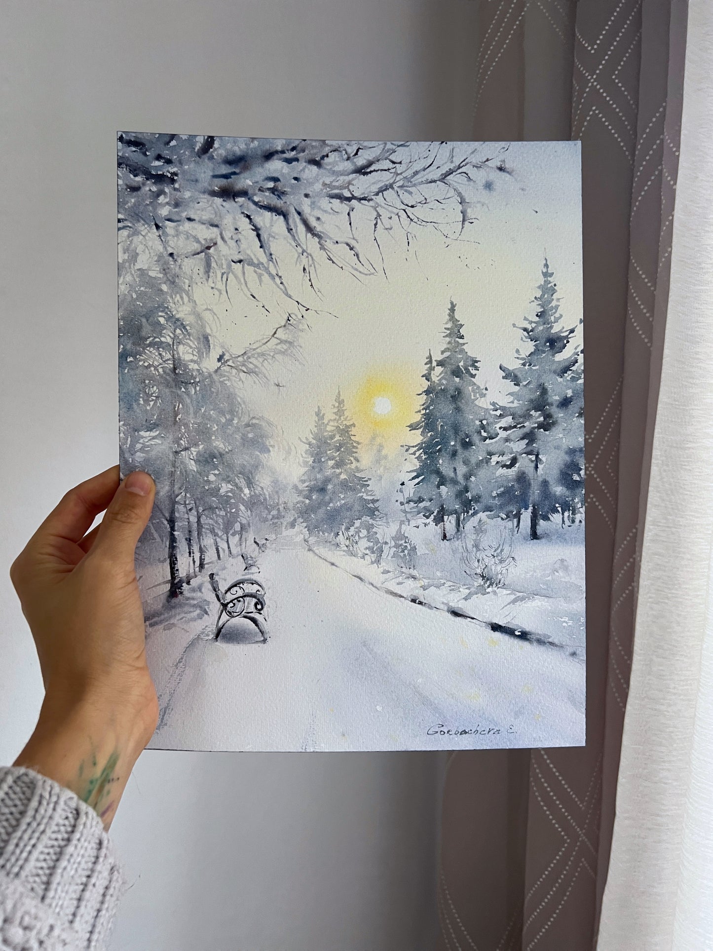 Painting Winter Dream: Cozy Bench Under the Snowy Sunlit Sky