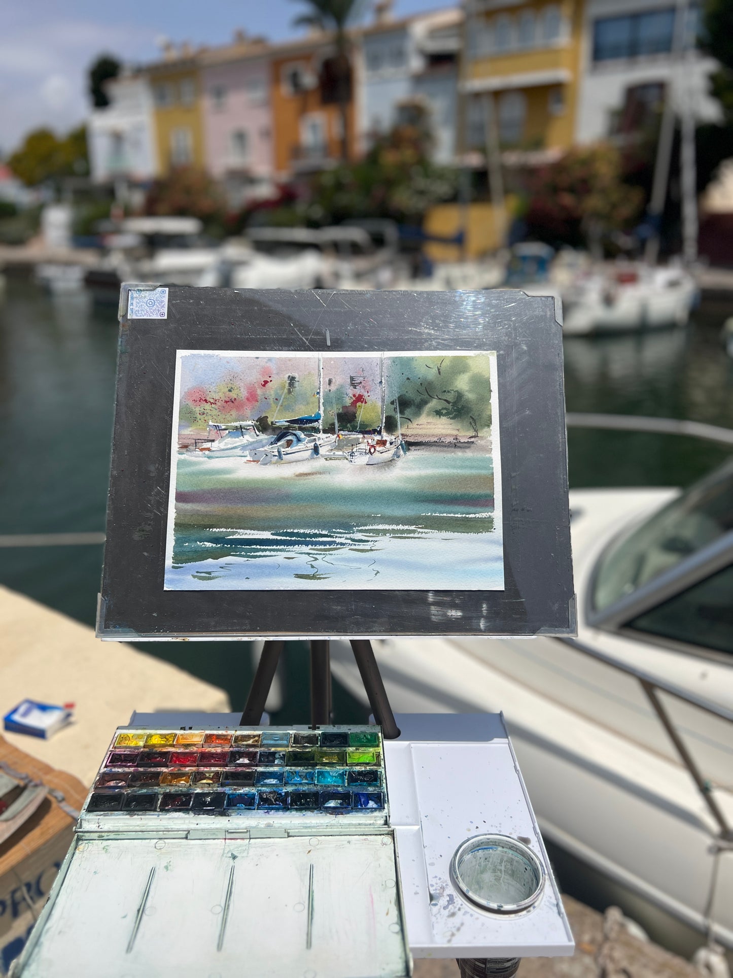 Watercolor Sailboats Painting, Coastal Marina Art, Anchored in Light 9x12