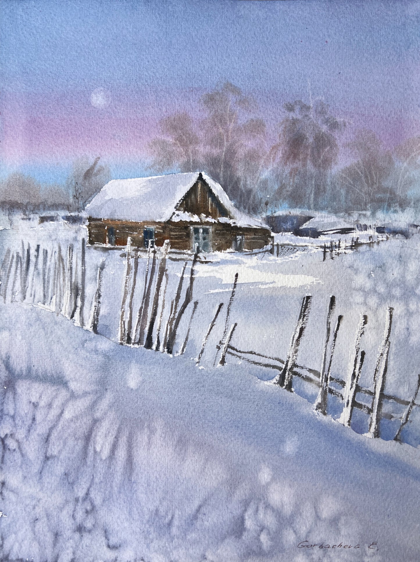 Charming Winter Village Watercolor Painting - Cozy Frosty Morning Landscape Art