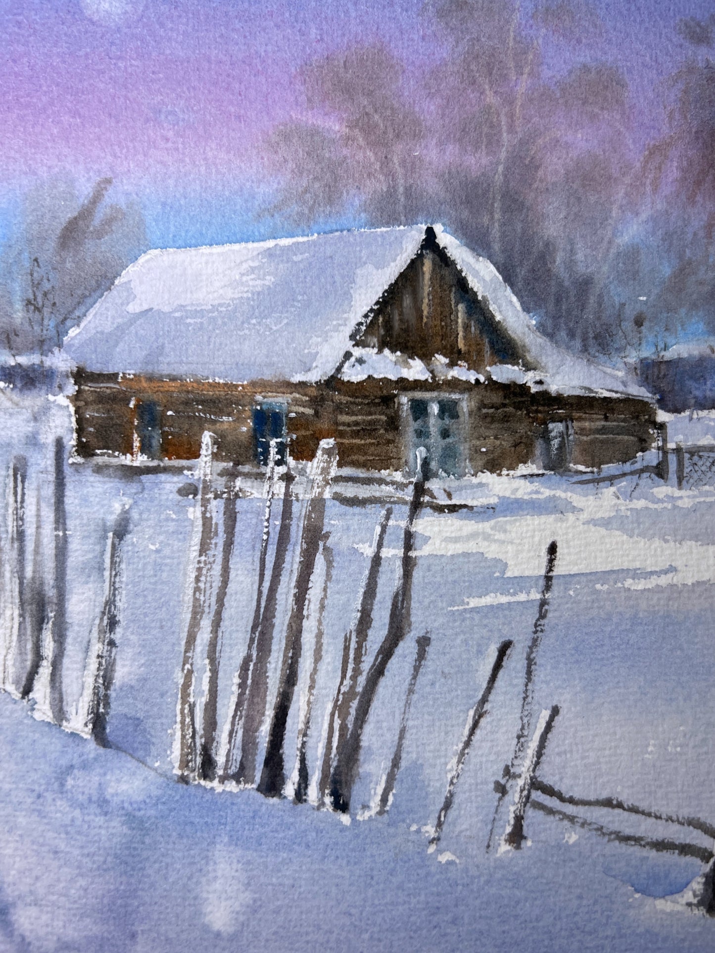 Charming Winter Village Watercolor Painting - Cozy Frosty Morning Landscape Art