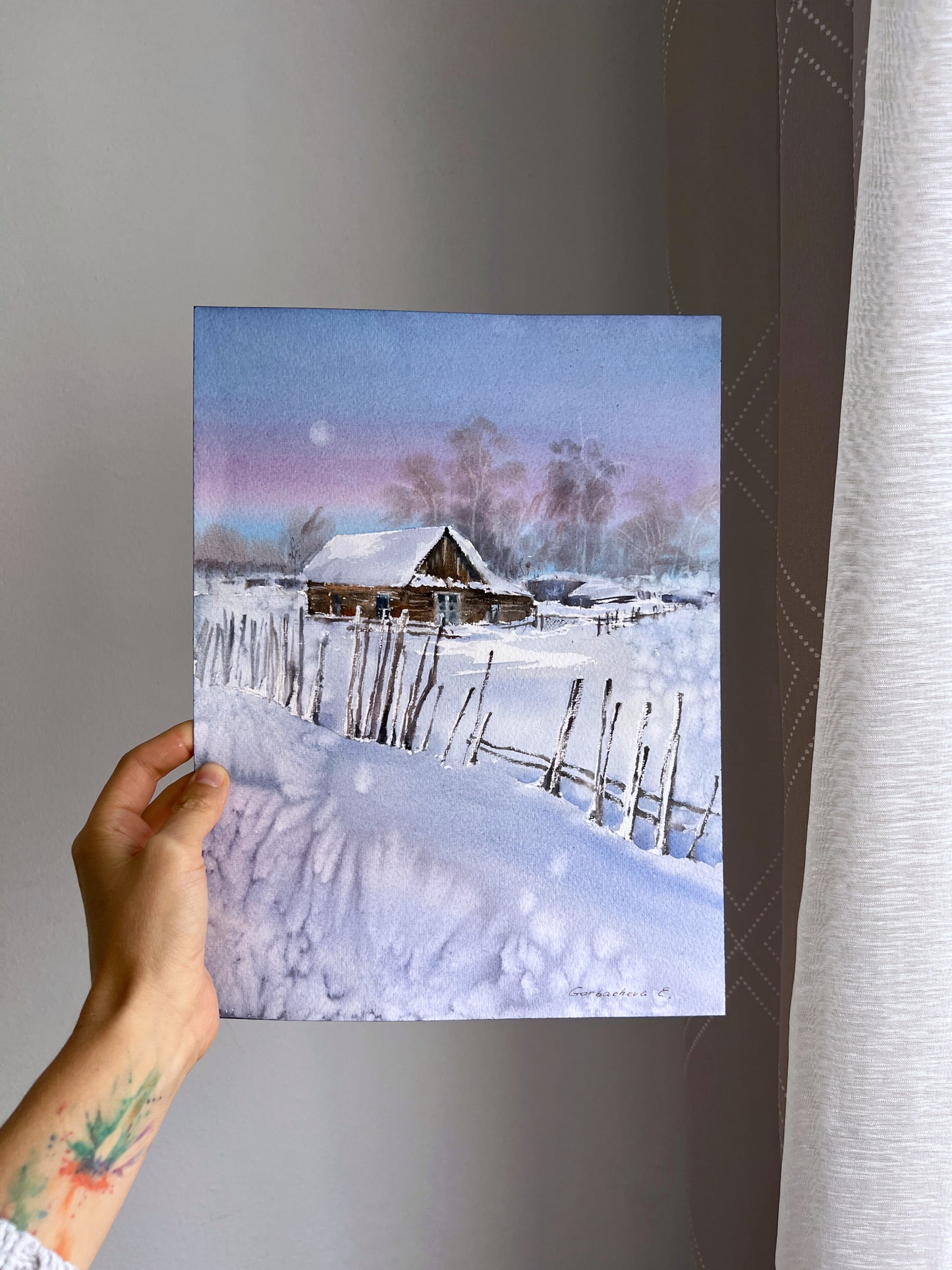 Charming Winter Village Watercolor Painting - Cozy Frosty Morning Landscape Art