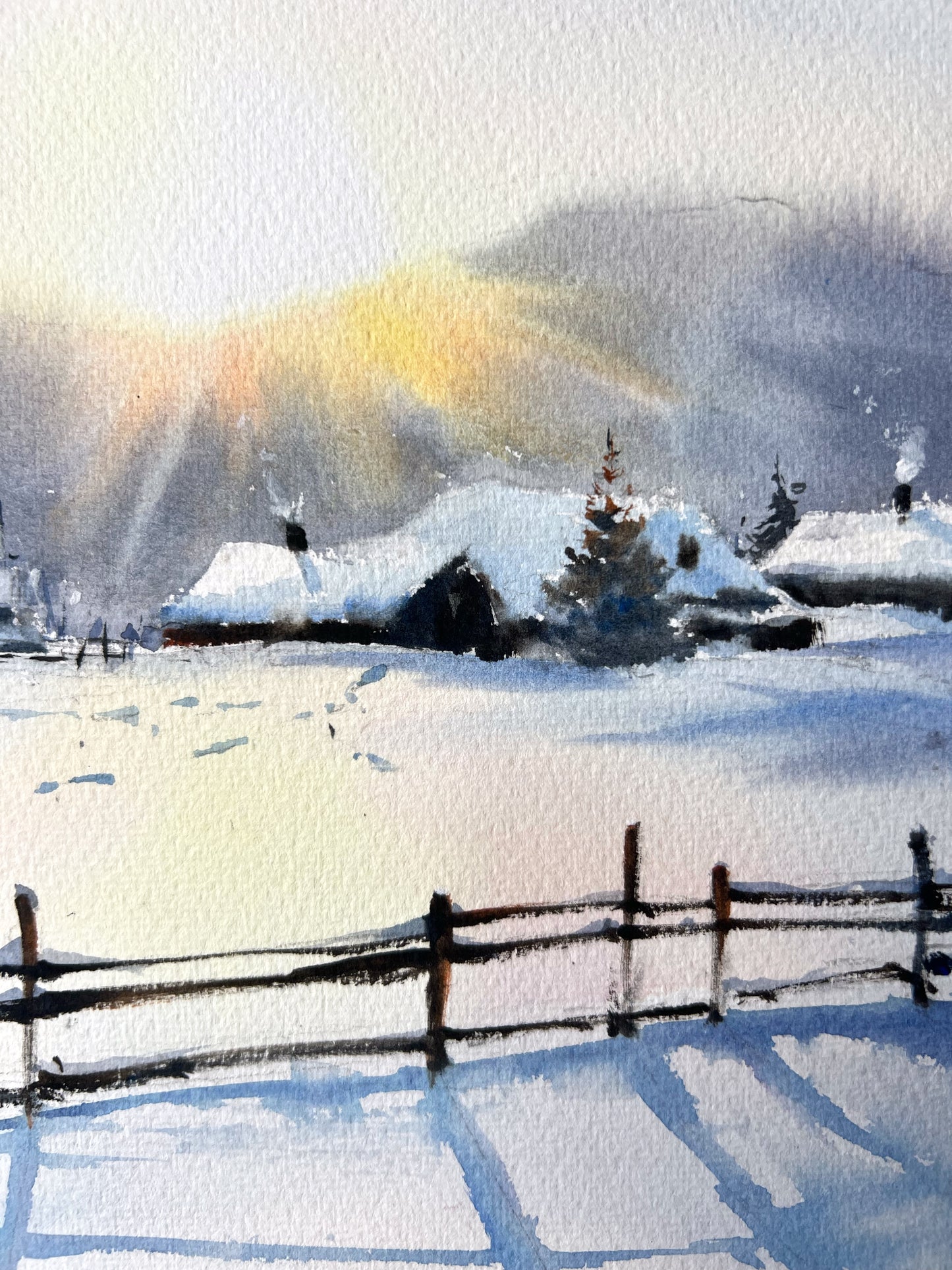 Serene Frosty Morning Watercolor Painting - Winter Morning in the Village #4