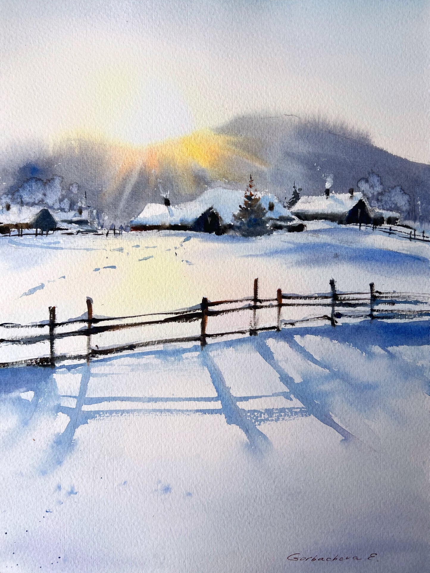 Serene Frosty Morning Watercolor Painting - Winter Morning in the Village #4