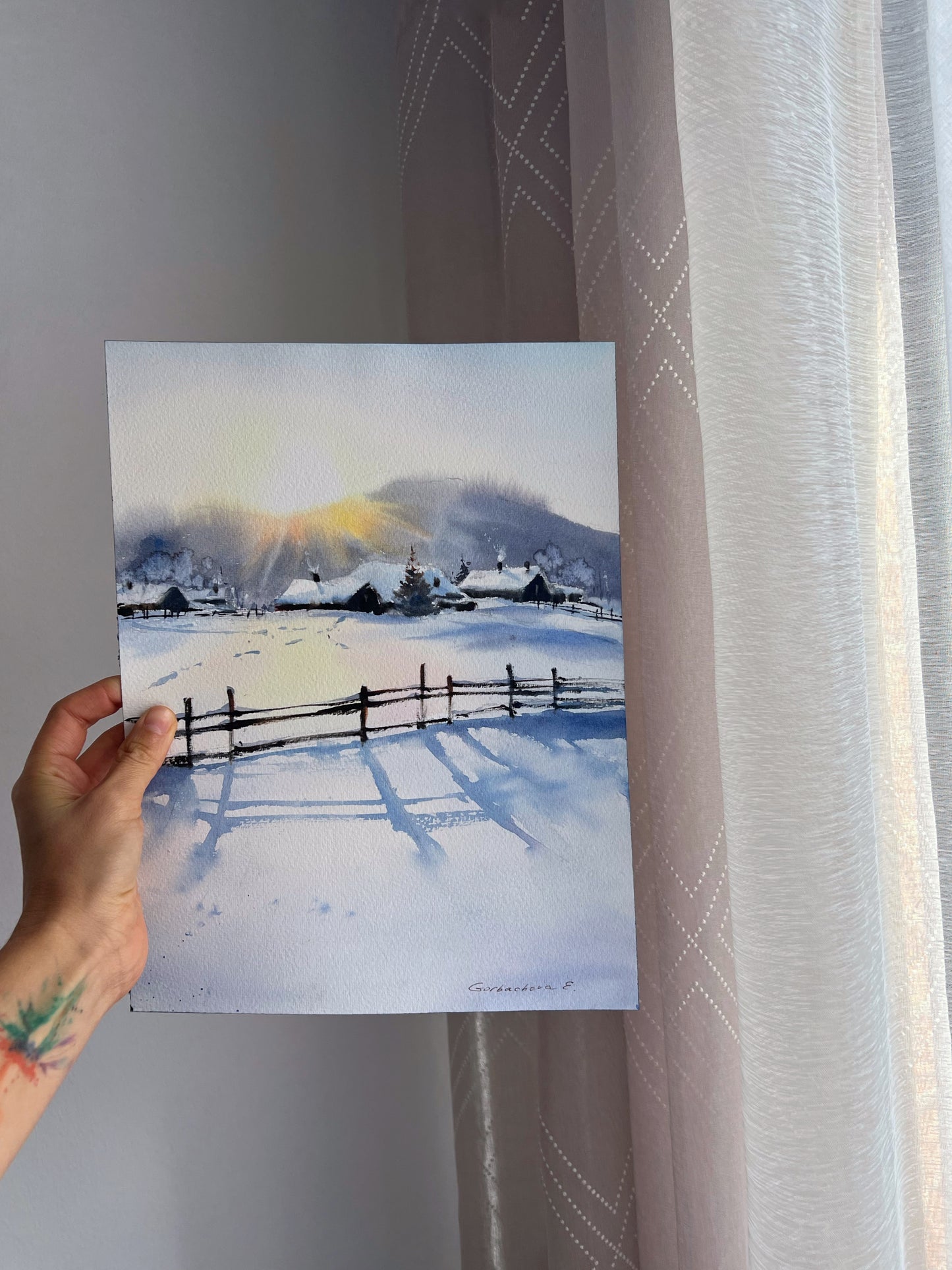 Serene Frosty Morning Watercolor Painting - Winter Morning in the Village #4