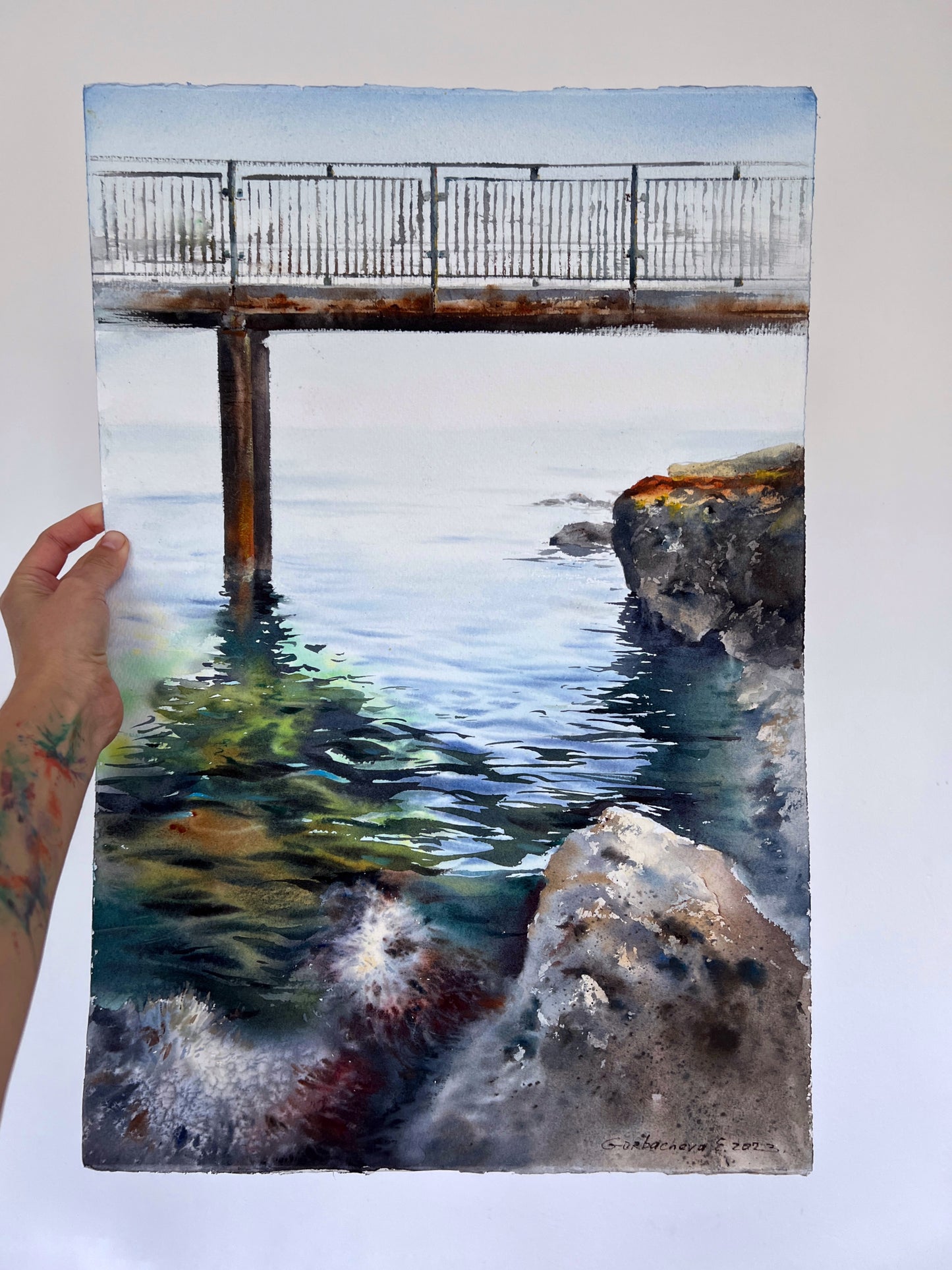 Sea Bridge Painting, Marine Watercolor Original Artwork, Cyprus Seascape,Sea Coast Bridge, 15x22