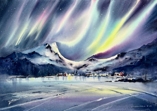 Lofoten Islands Painting Original - Northern lights, Norway #4 - 15x22 in
