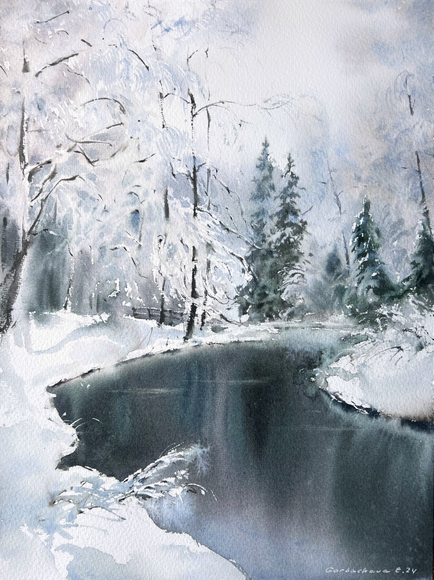 Serene Winter Landscape Art: 'Frozen River #7' - Unique Watercolor Painting