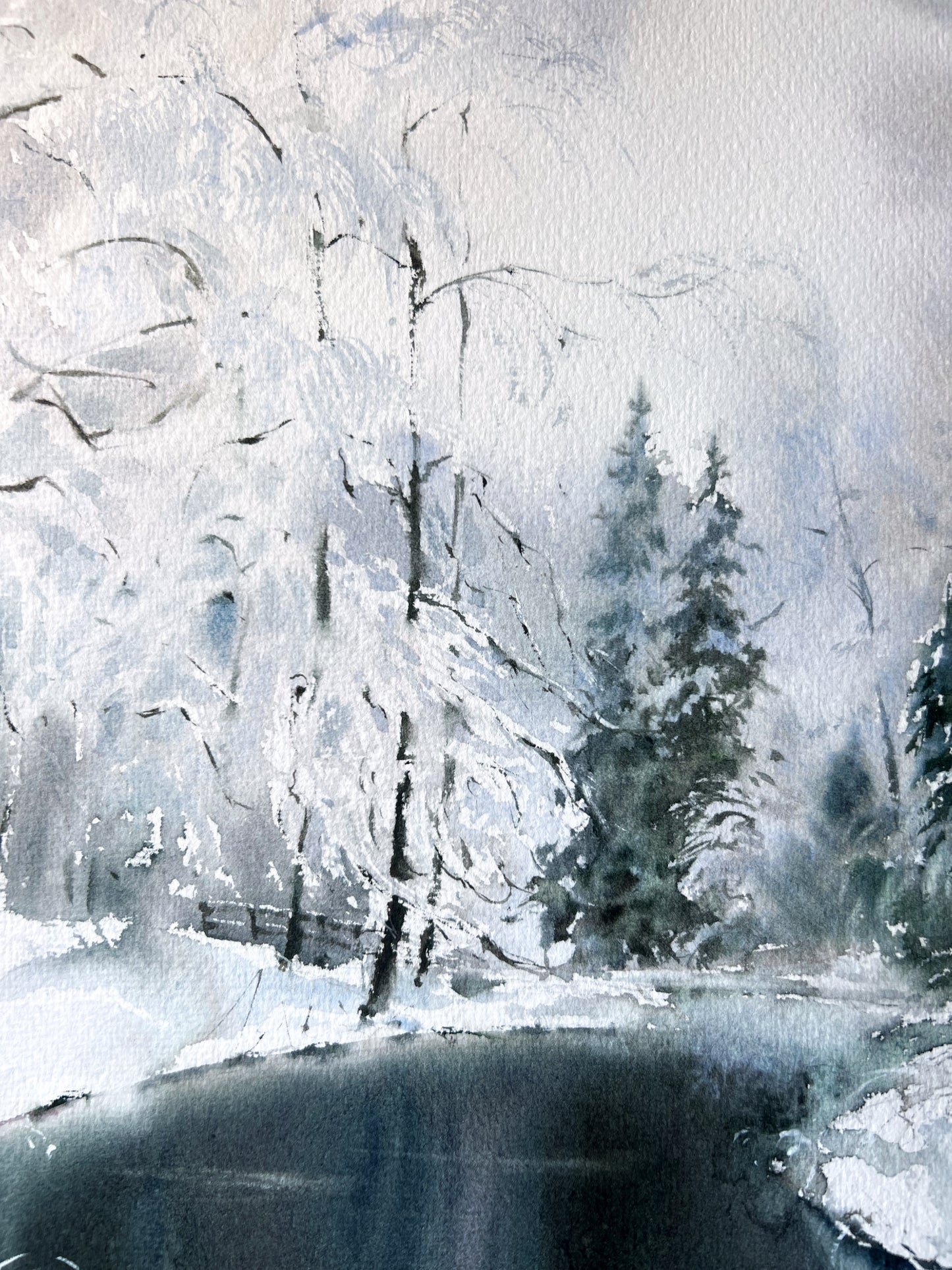 Serene Winter Landscape Art: 'Frozen River #7' - Unique Watercolor Painting