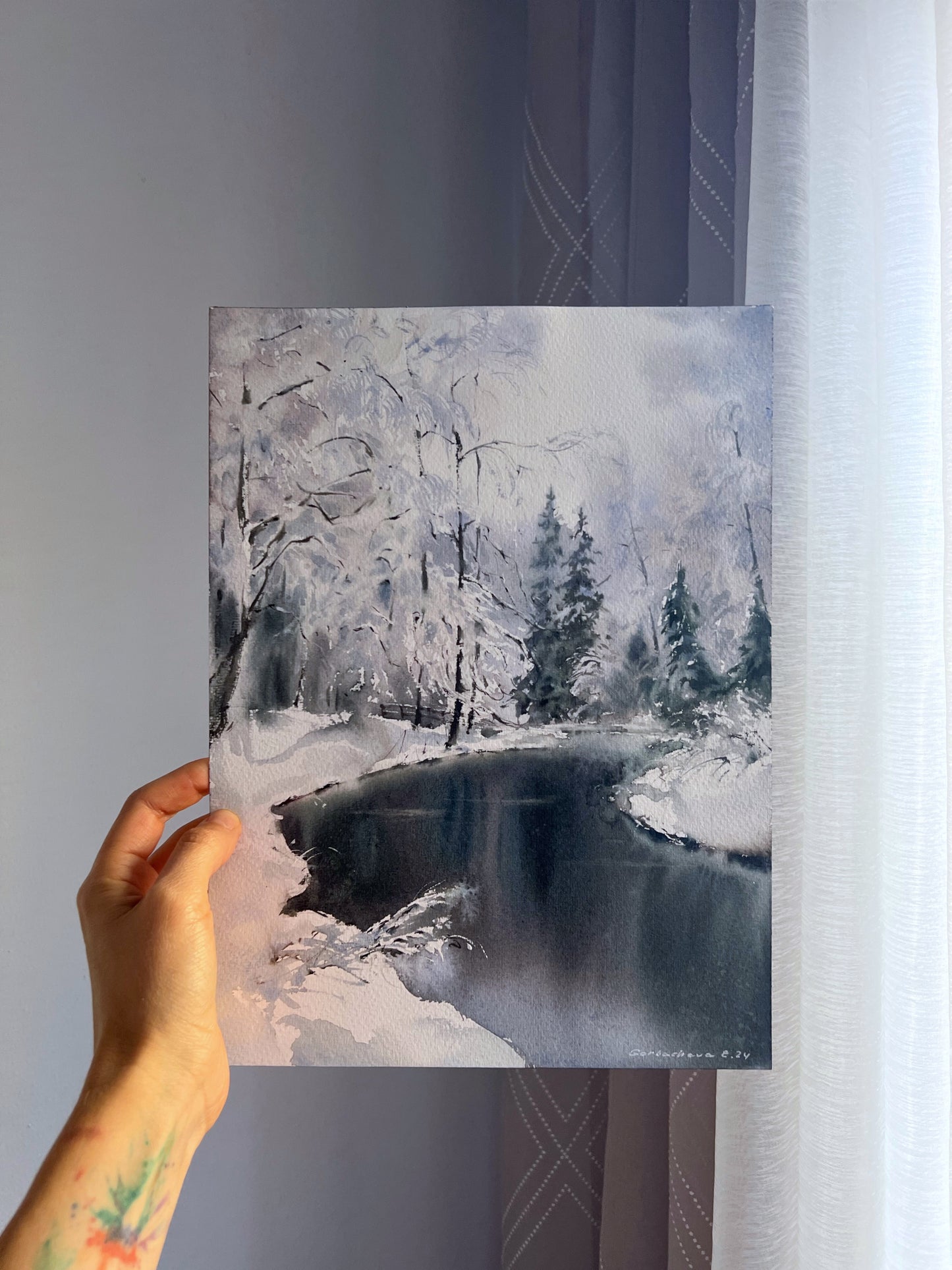 Serene Winter Landscape Art: 'Frozen River #7' - Unique Watercolor Painting