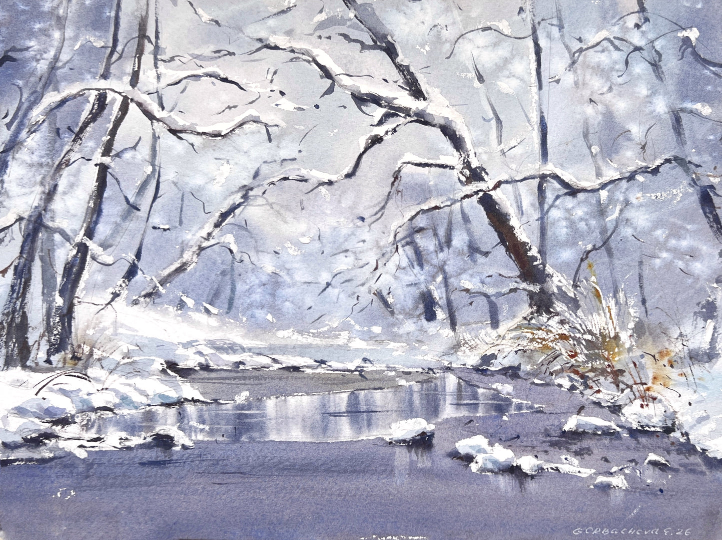 Winter Forest Watercolor Painting, Snowy River Original Art, Winter’s Gentle Lace  9x12