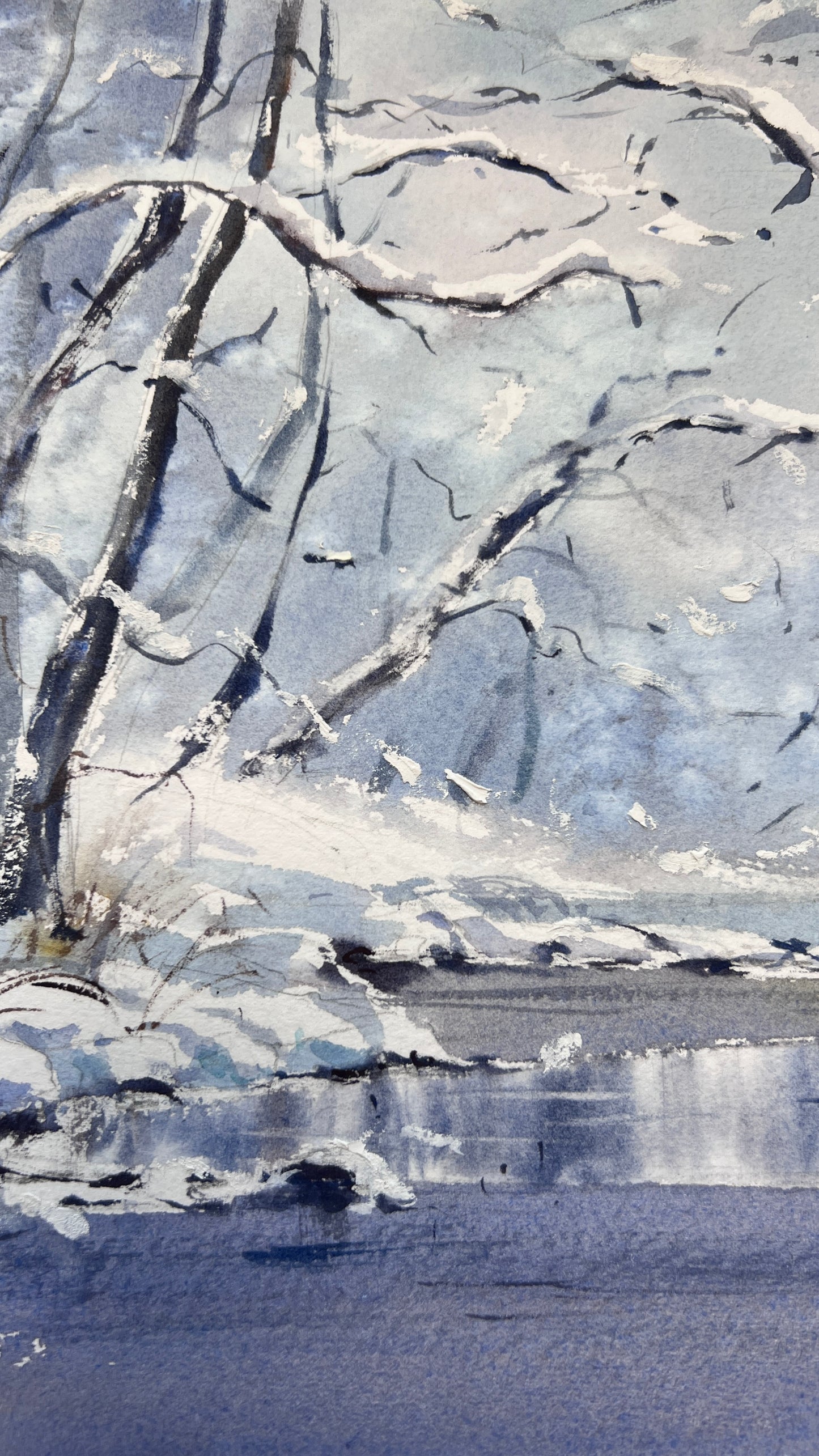 Winter Forest Watercolor Painting, Snowy River Original Art, Winter’s Gentle Lace  9x12