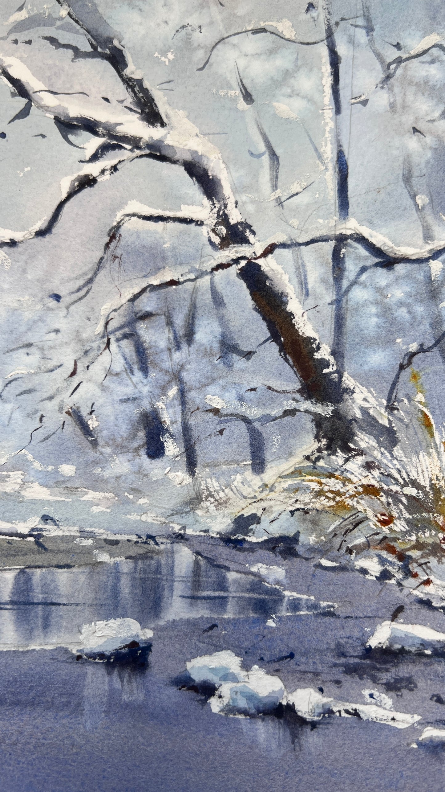 Winter Forest Watercolor Painting, Snowy River Original Art, Winter’s Gentle Lace  9x12