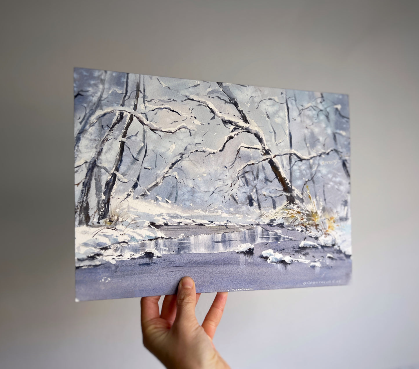 Winter Forest Watercolor Painting, Snowy River Original Art, Winter’s Gentle Lace  9x12