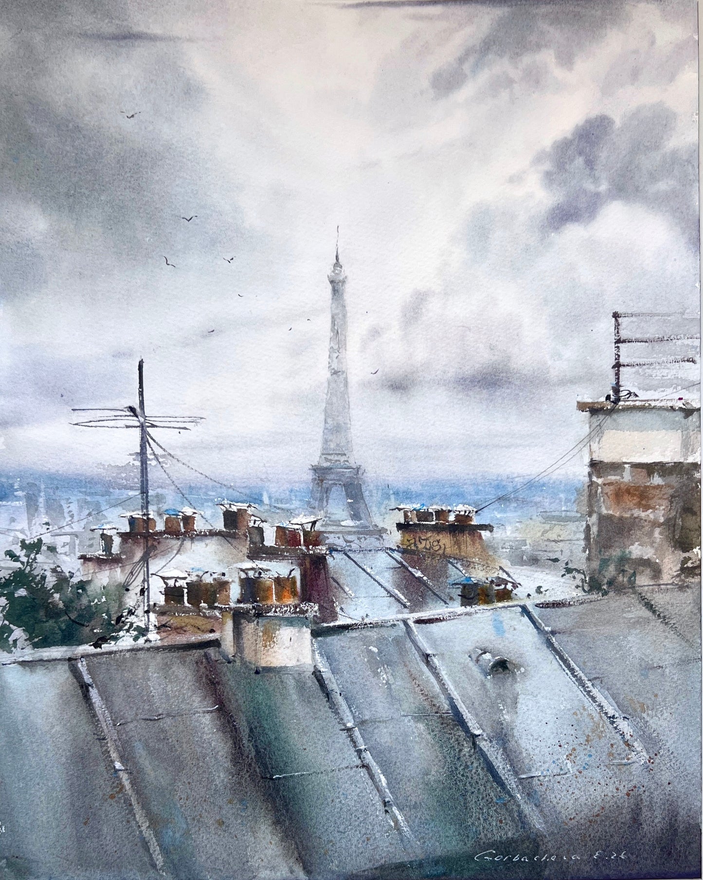 Paris Eiffel Tower Watercolor Painting, A Rainy Day in Paris 12x15