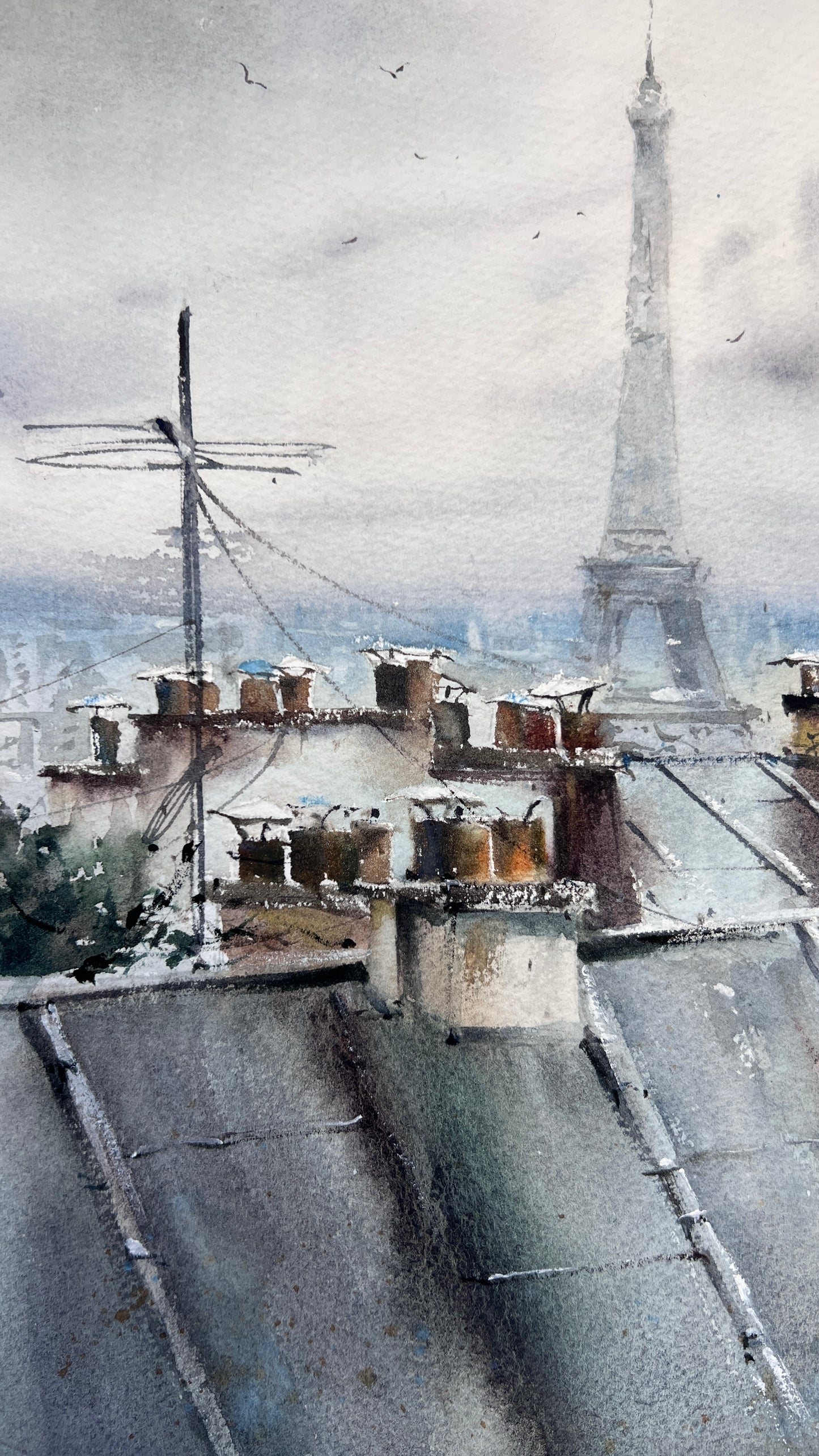 Paris Eiffel Tower Watercolor Painting, A Rainy Day in Paris 12x15