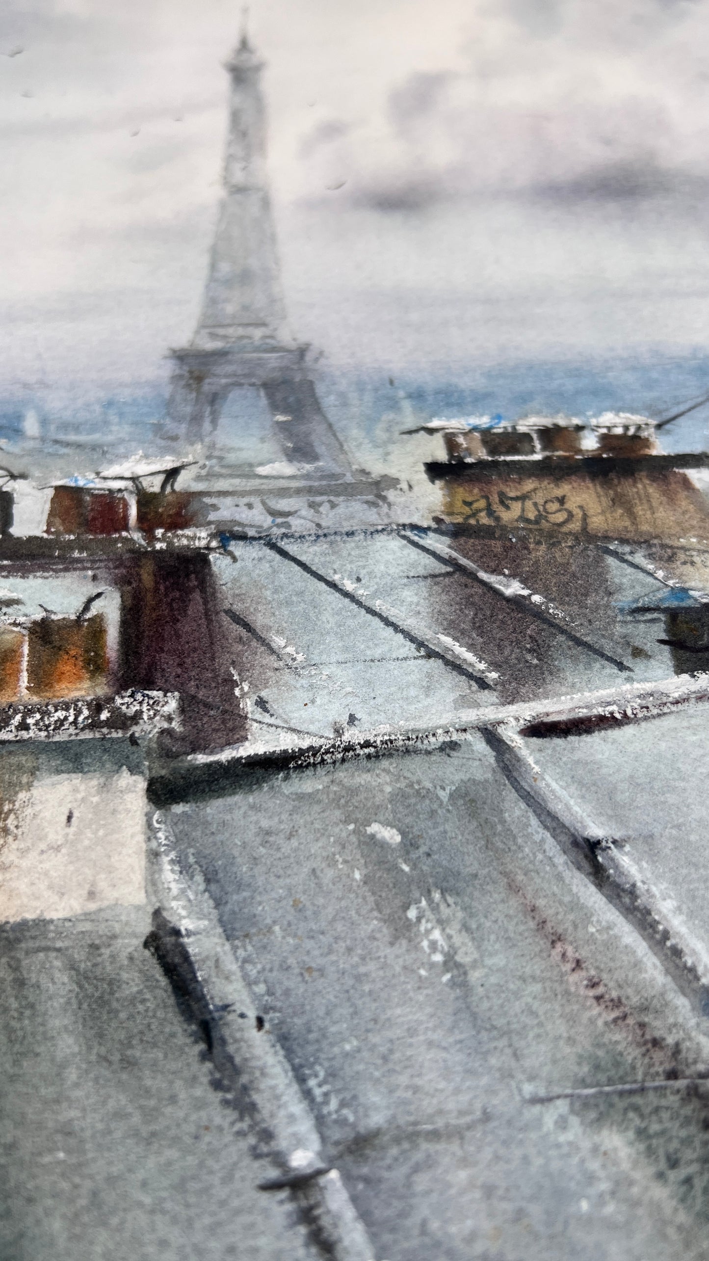 Paris Eiffel Tower Watercolor Painting, A Rainy Day in Paris 12x15