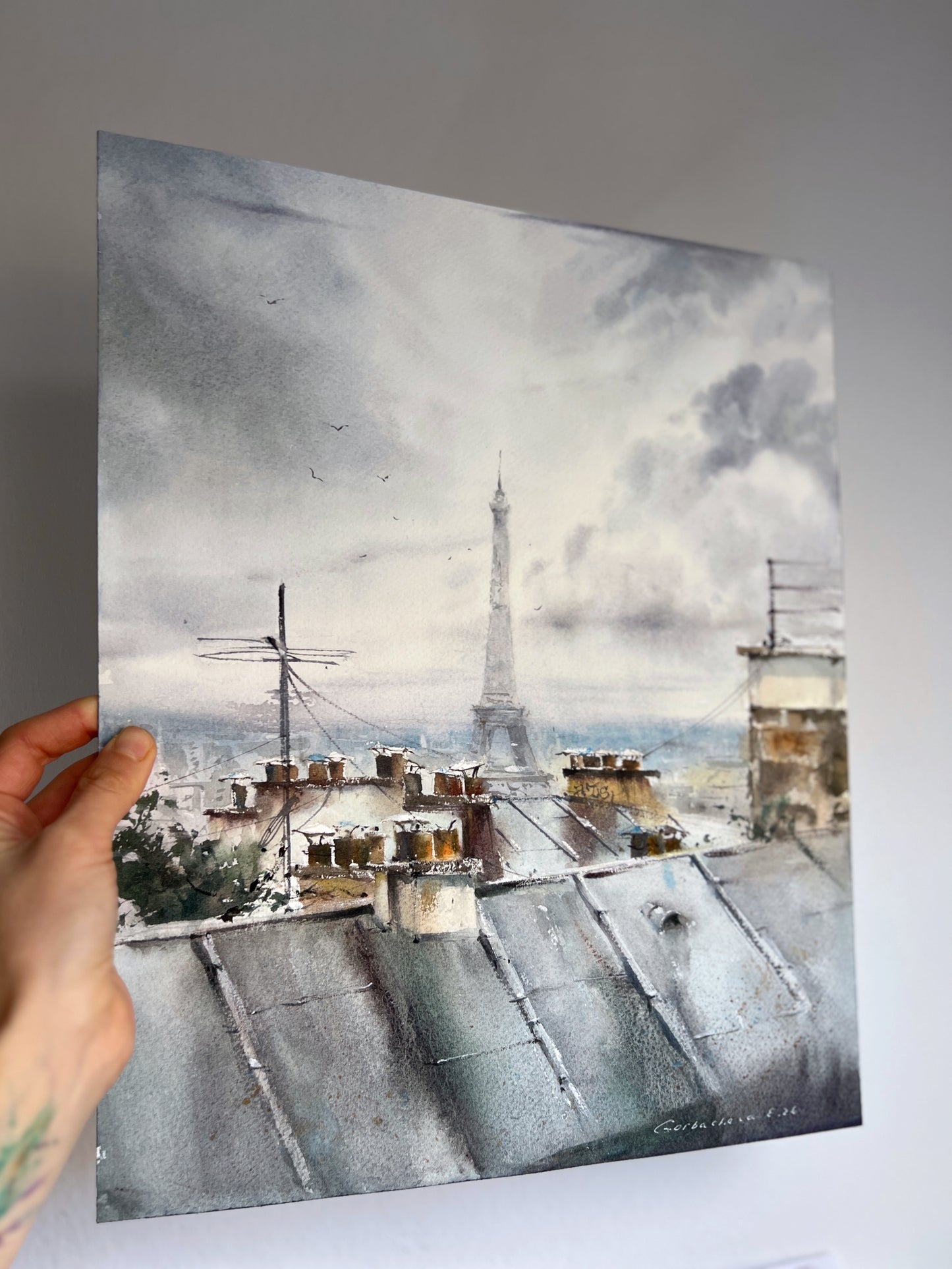 Paris Eiffel Tower Watercolor Painting, A Rainy Day in Paris 12x15