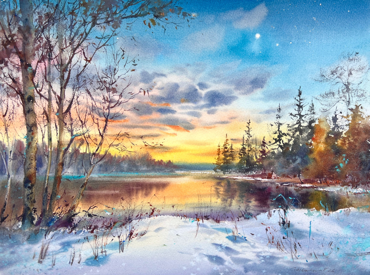 Winter Sunset Lake Watercolor Painting, First Star of Winter 31x41