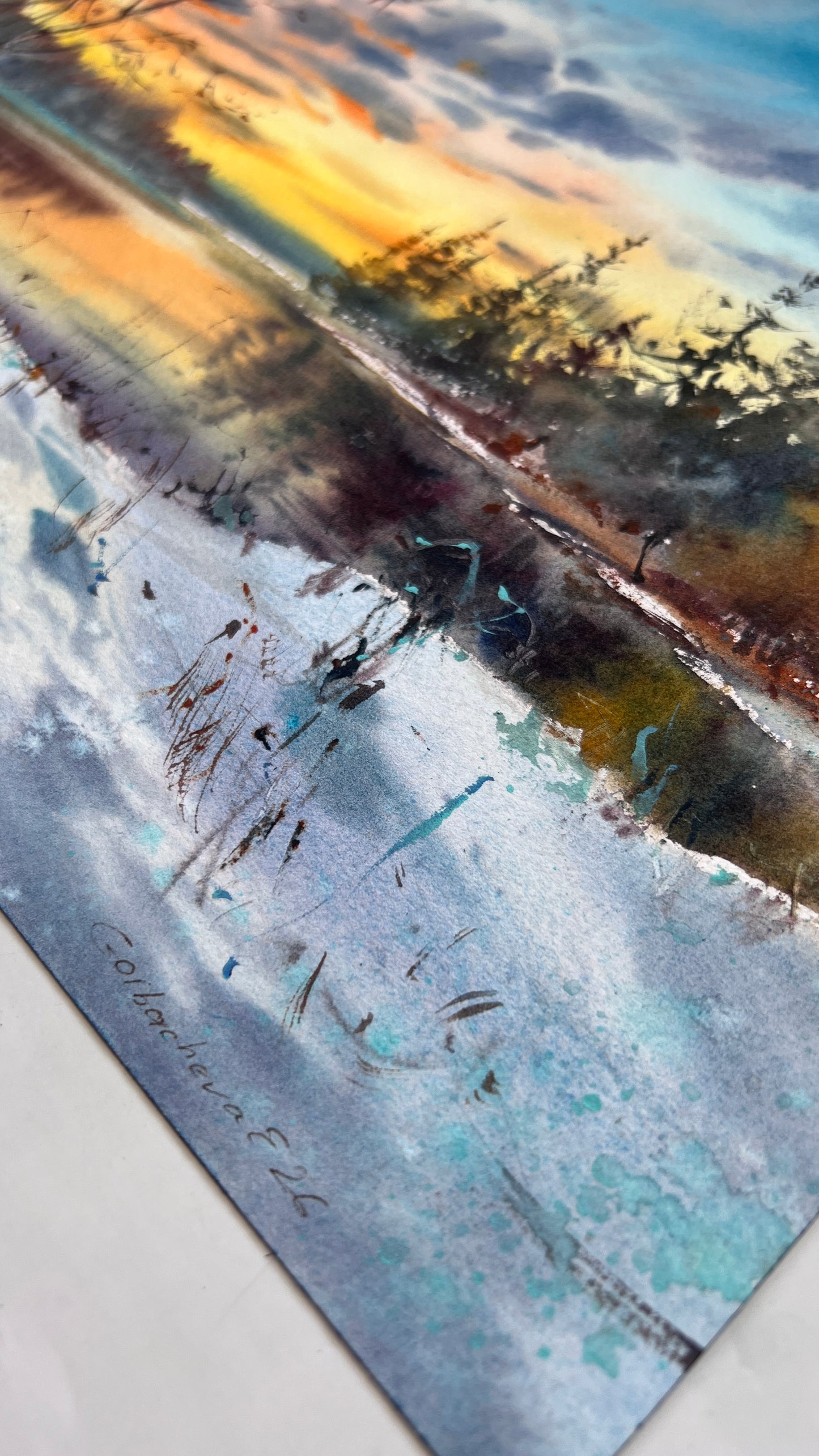 Winter Sunset Lake Watercolor Painting, First Star of Winter 31x41