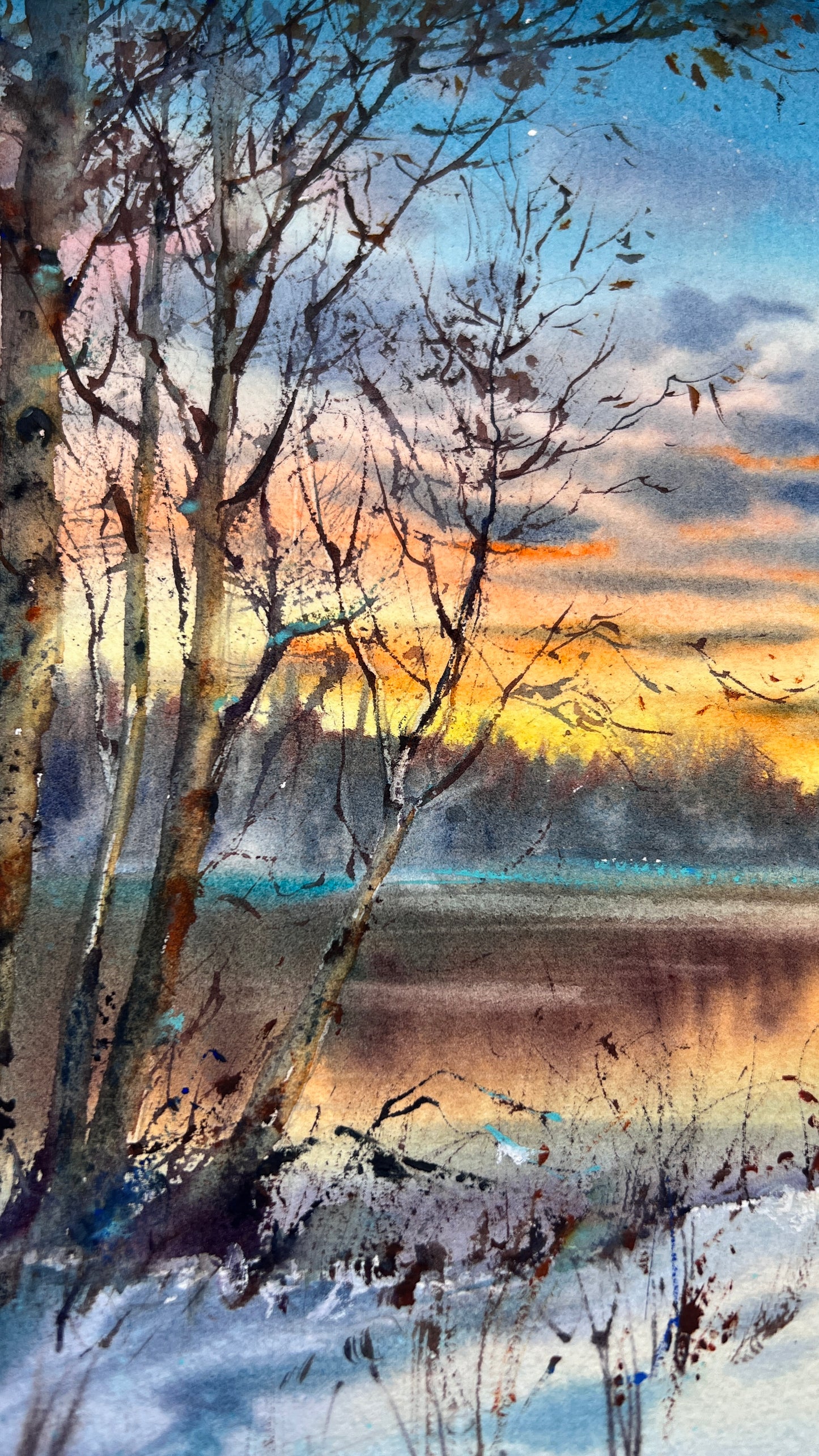 Winter Sunset Lake Watercolor Painting, First Star of Winter 31x41