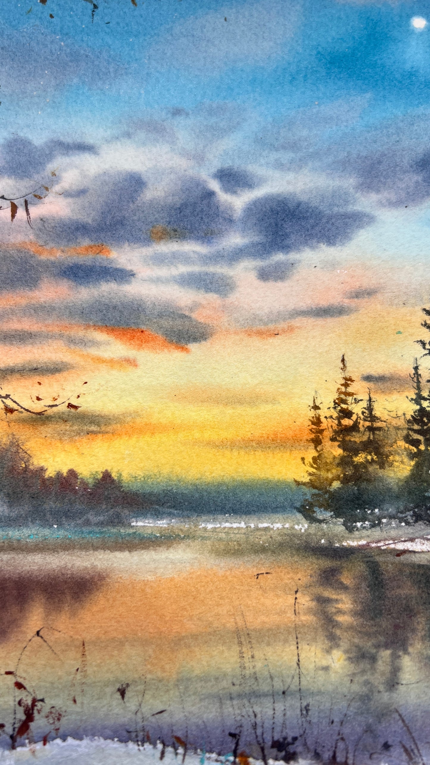 Winter Sunset Lake Watercolor Painting, First Star of Winter 31x41