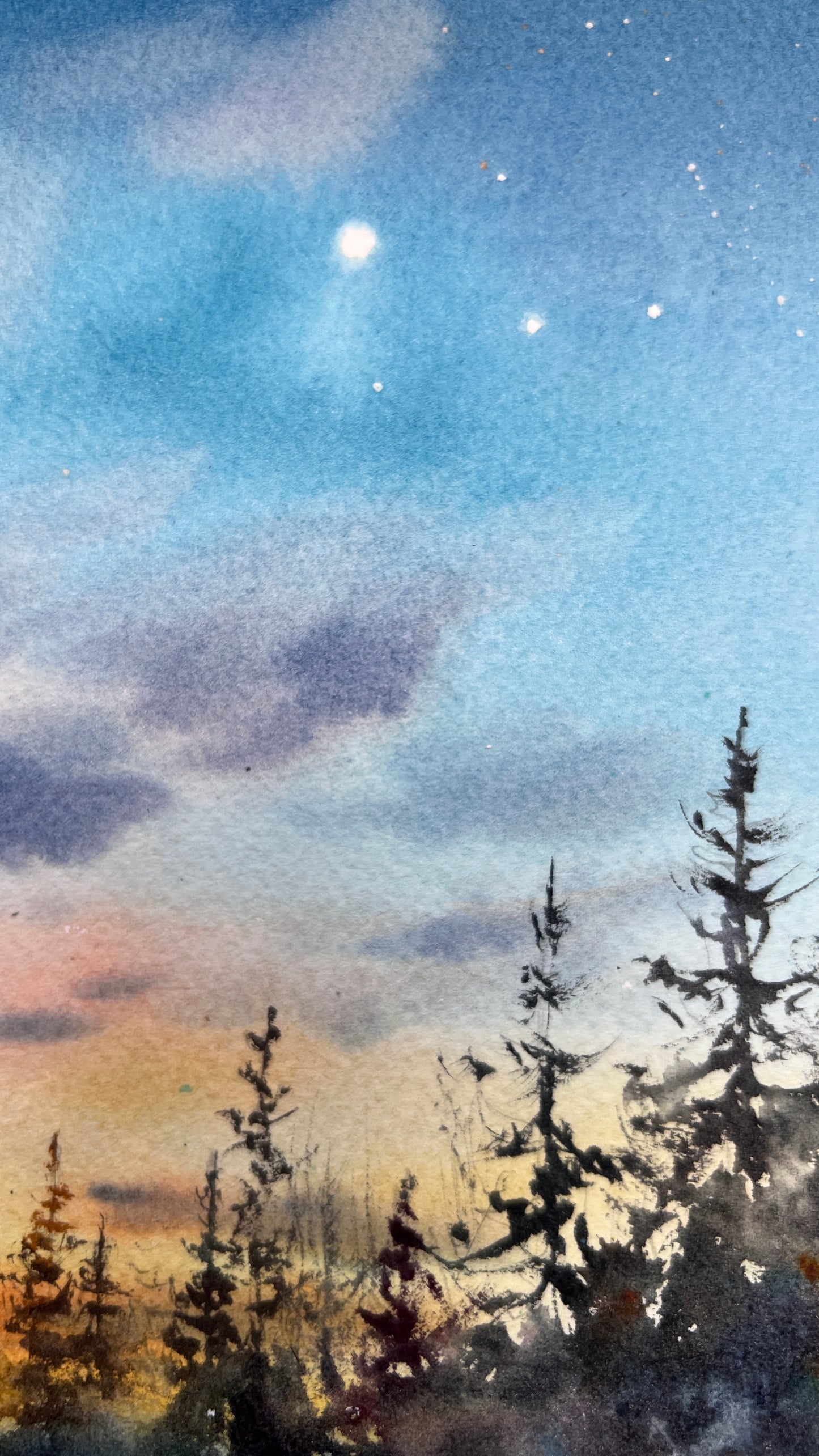 Winter Sunset Lake Watercolor Painting, First Star of Winter 31x41