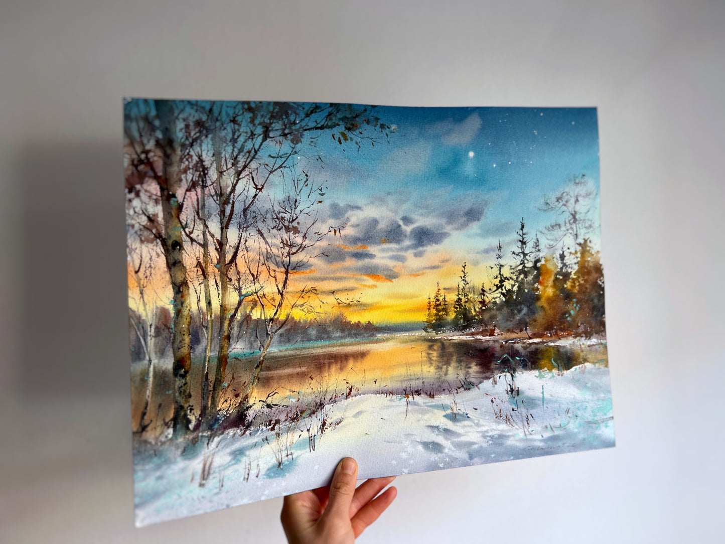 Winter Sunset Lake Watercolor Painting, First Star of Winter 31x41