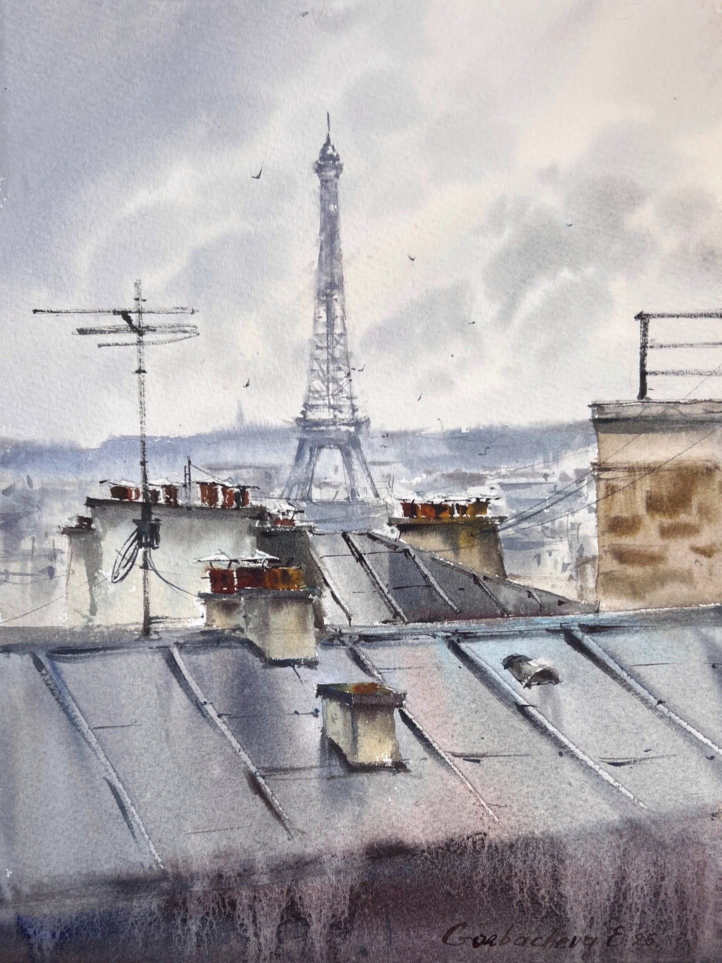 Eiffel Tower Watercolor Painting, Paris Rooftops Original Art, Grey Skies of Paris 9x12