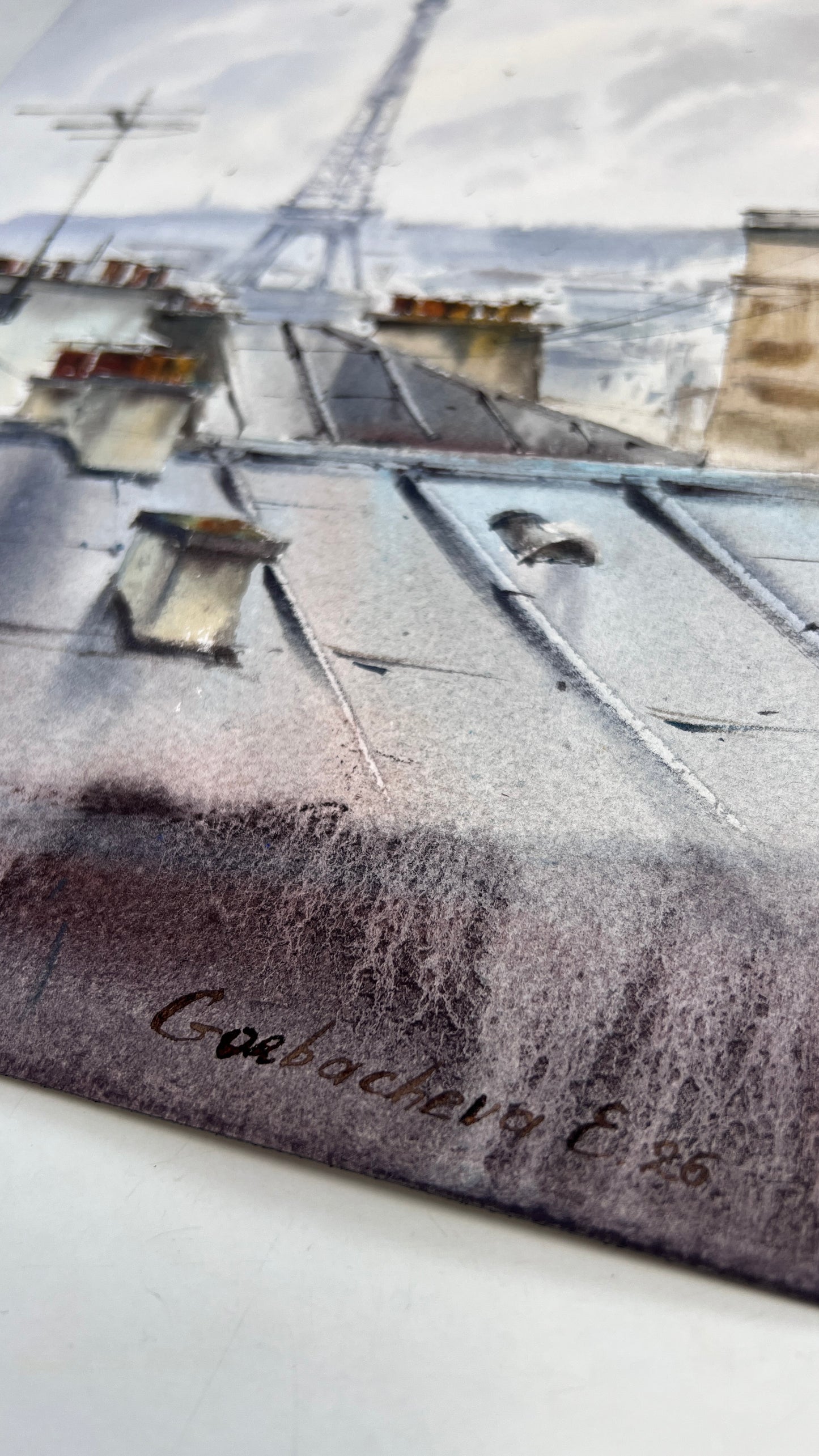 Eiffel Tower Watercolor Painting, Paris Rooftops Original Art, Grey Skies of Paris 9x12