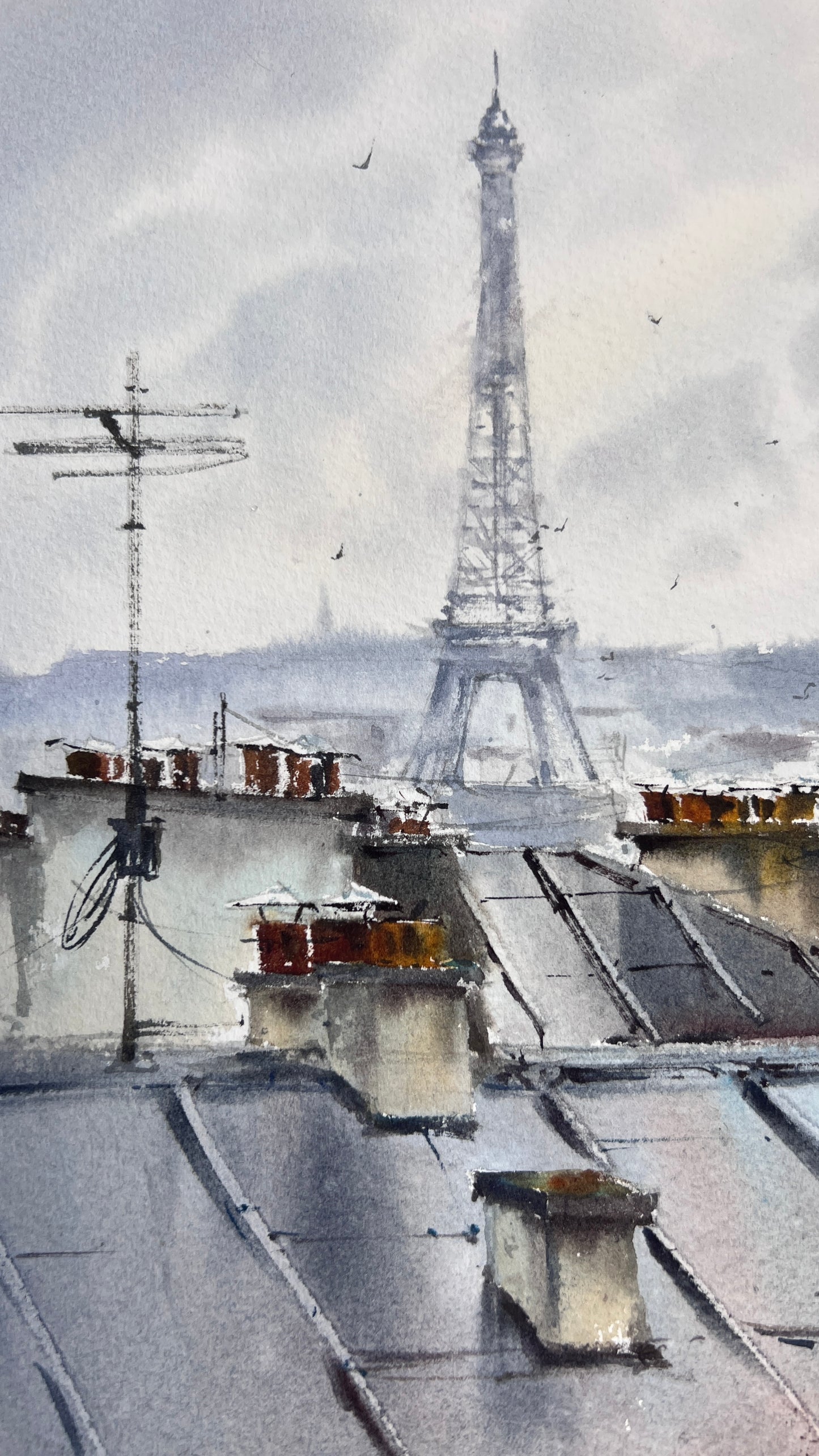 Eiffel Tower Watercolor Painting, Paris Rooftops Original Art, Grey Skies of Paris 9x12